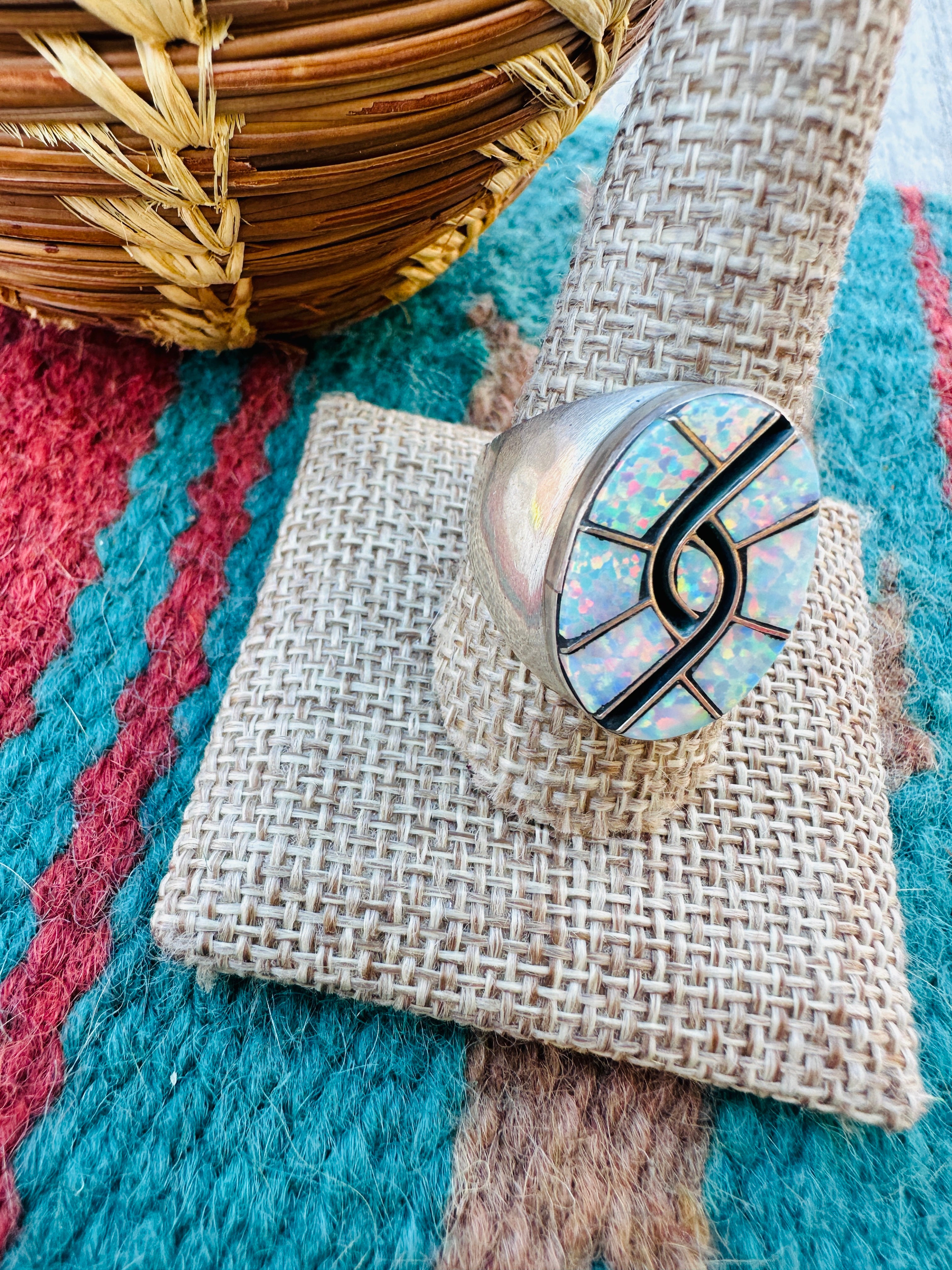 Old Pawn Handcrafted Opal, Onyx & Sterling Silver Inlay Ring Size 11