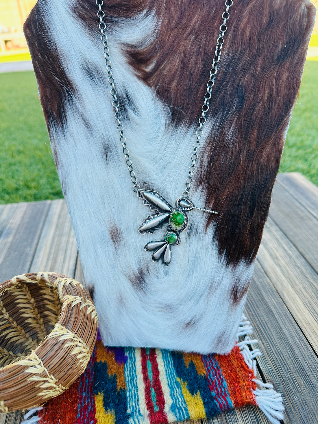 Handcrafted Sonoran Gold Turquoise & Sterling Silver Hummingbird Necklace by Charles Johnson