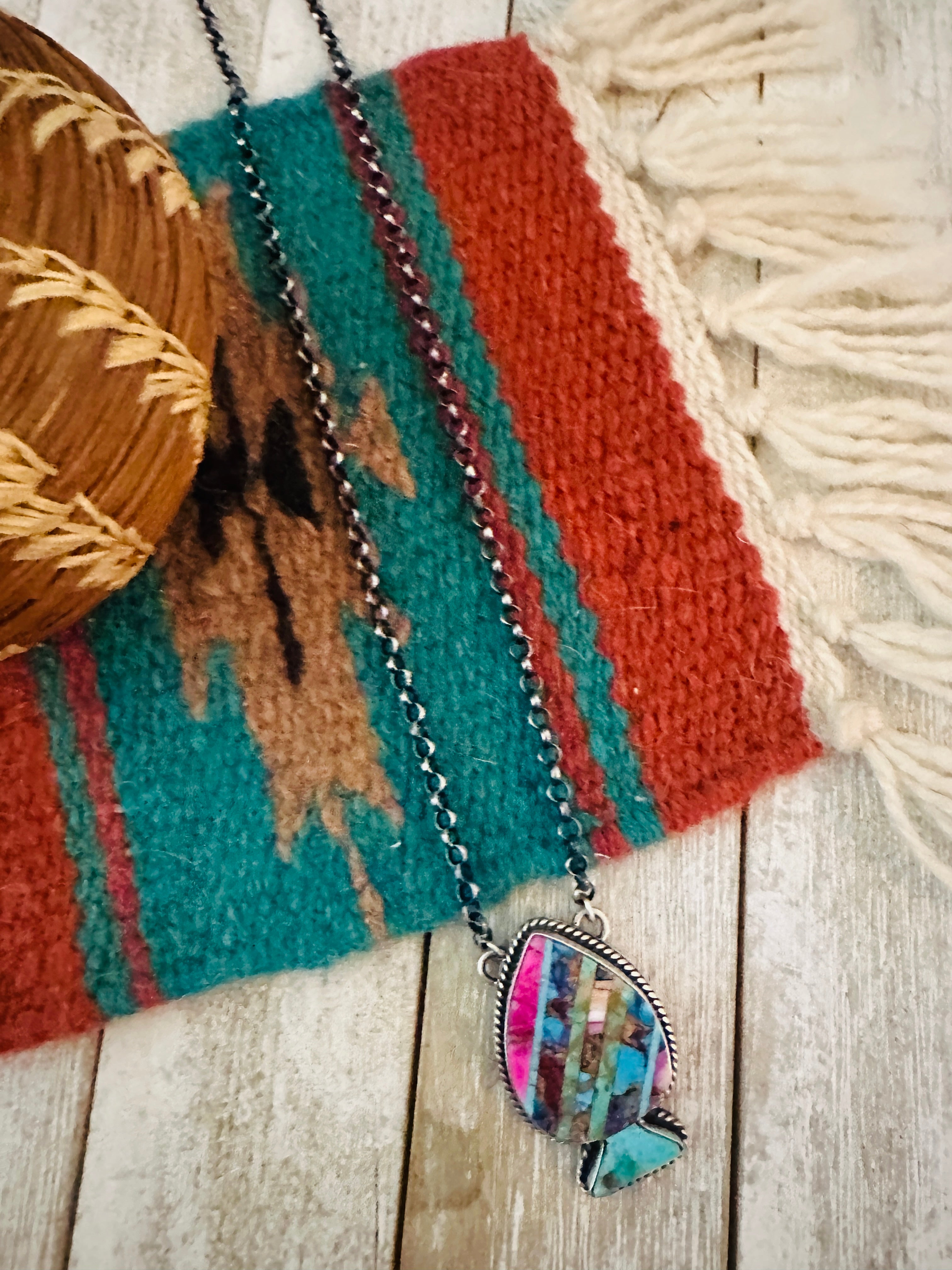 Navajo Sterling Silver & Multi Stone Inlay Spade Necklace