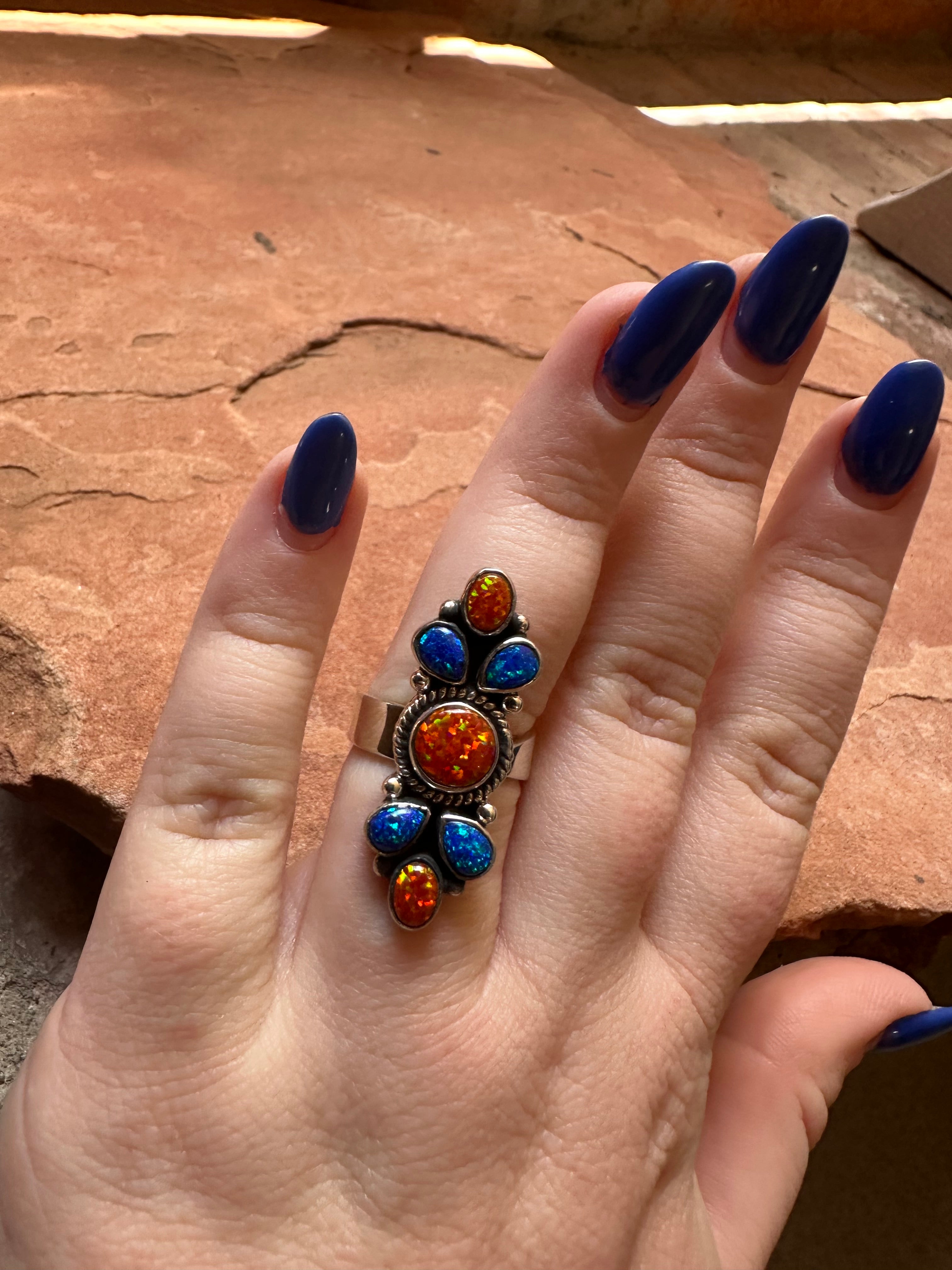 Handmade Blue & Orange Fire Opal And Sterling Silver Adjustable Ring