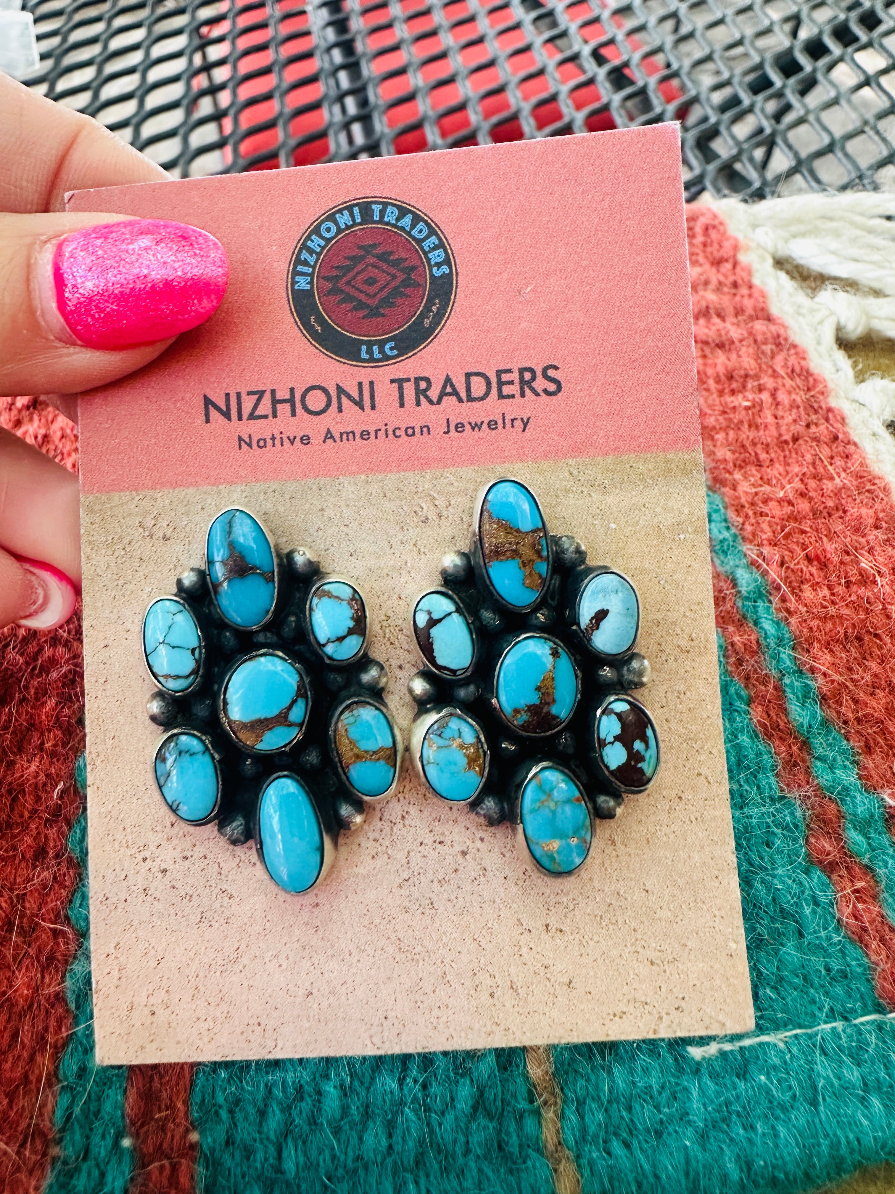 Handcrafted Sterling Silver & Kingman Web Turquoise Cluster Post Earrings