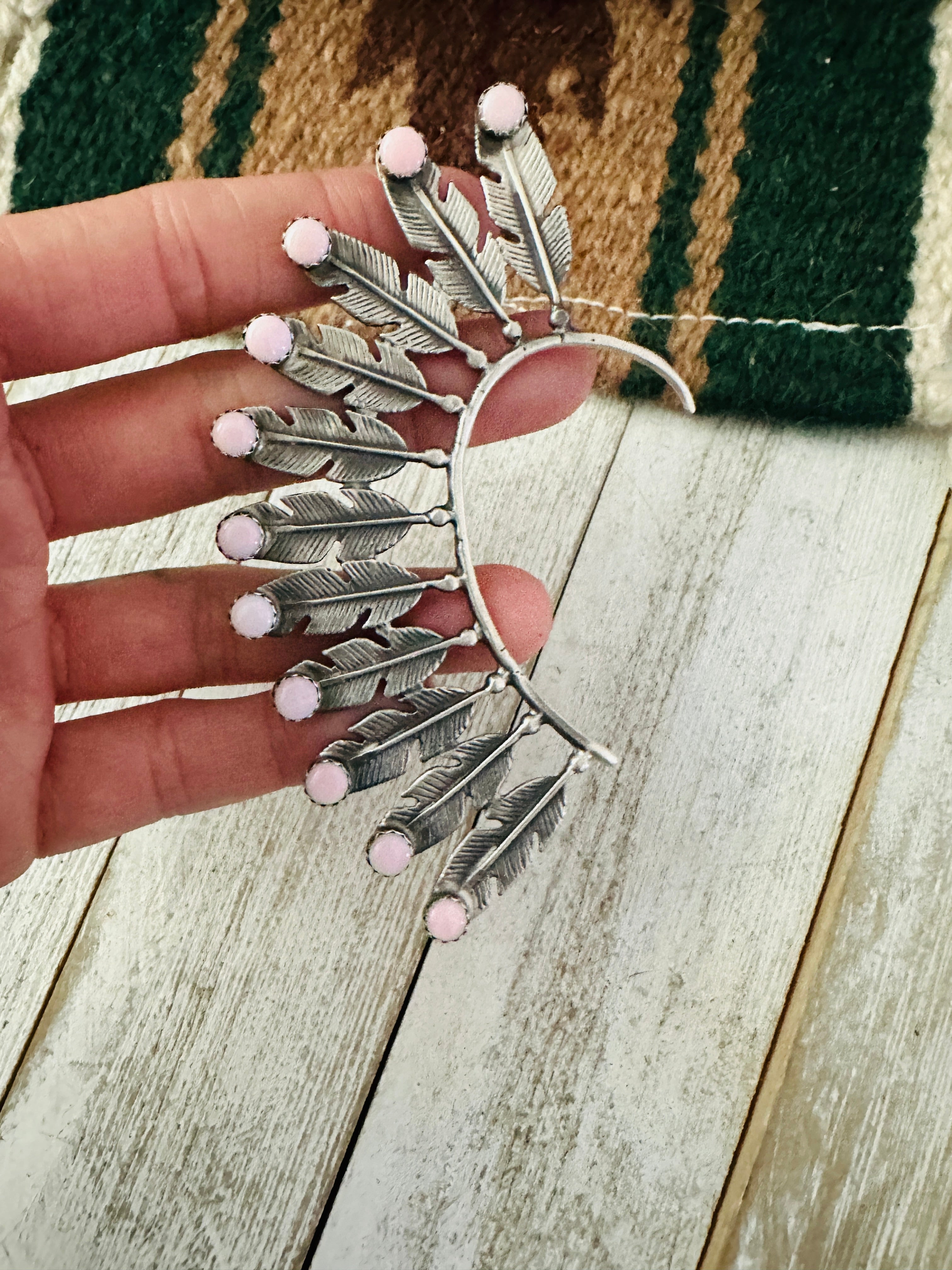 Navajo Queen Pink Conch & Sterling Silver Feather Cuff Earring