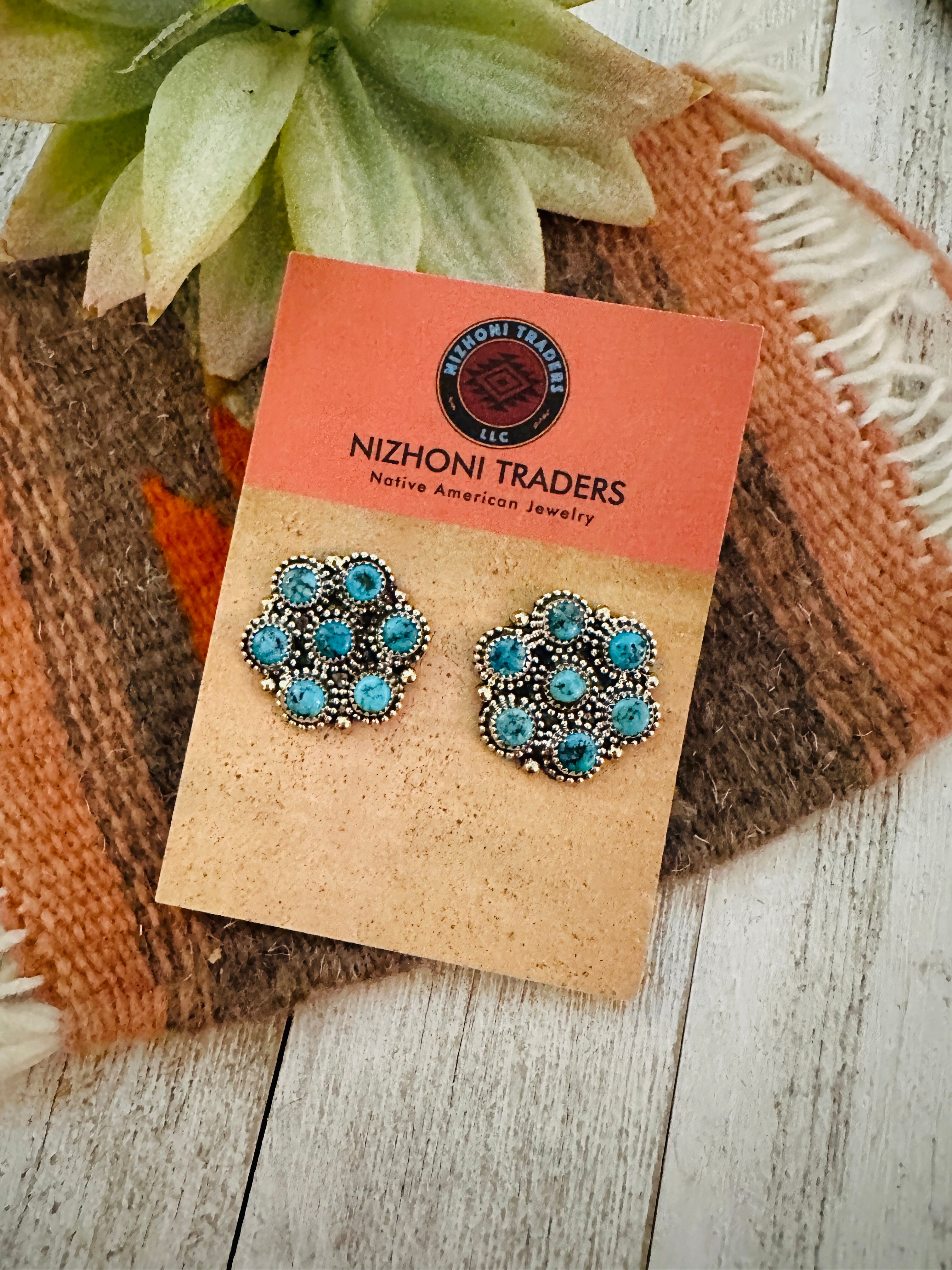 Navajo Sterling Silver & Kingman Turquoise Flower Cluster  Earrings