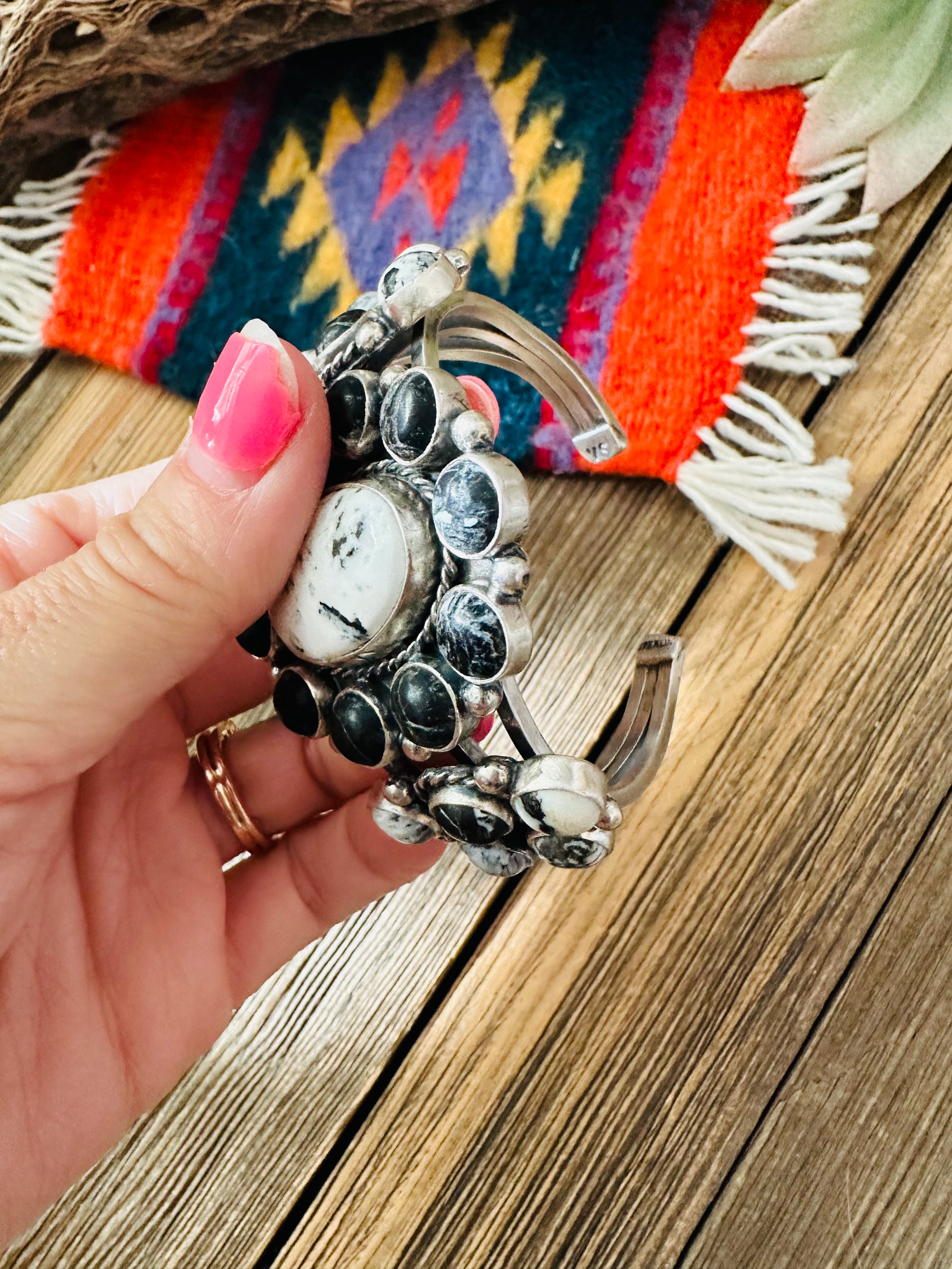 Navajo White Buffalo & Sterling Silver Cluster Cuff Bracelet