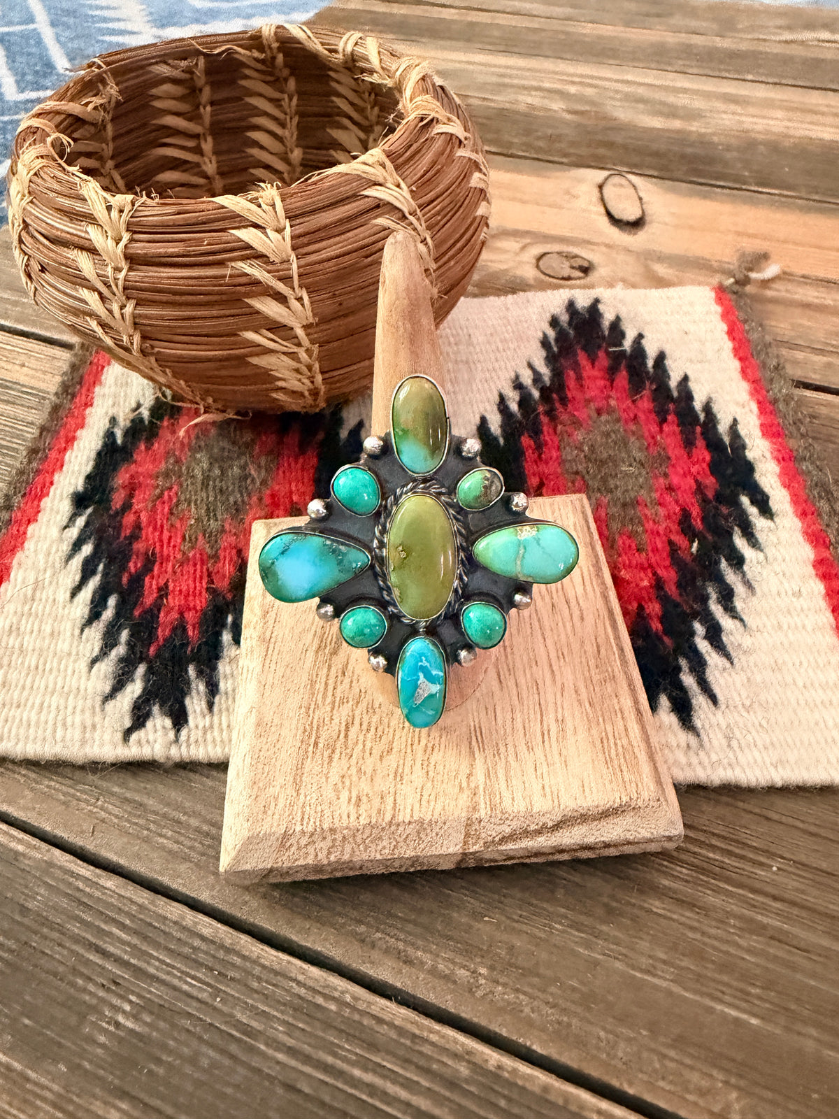 Handcrafted Turquoise & Sterling Silver Cluster Adjustable Ring