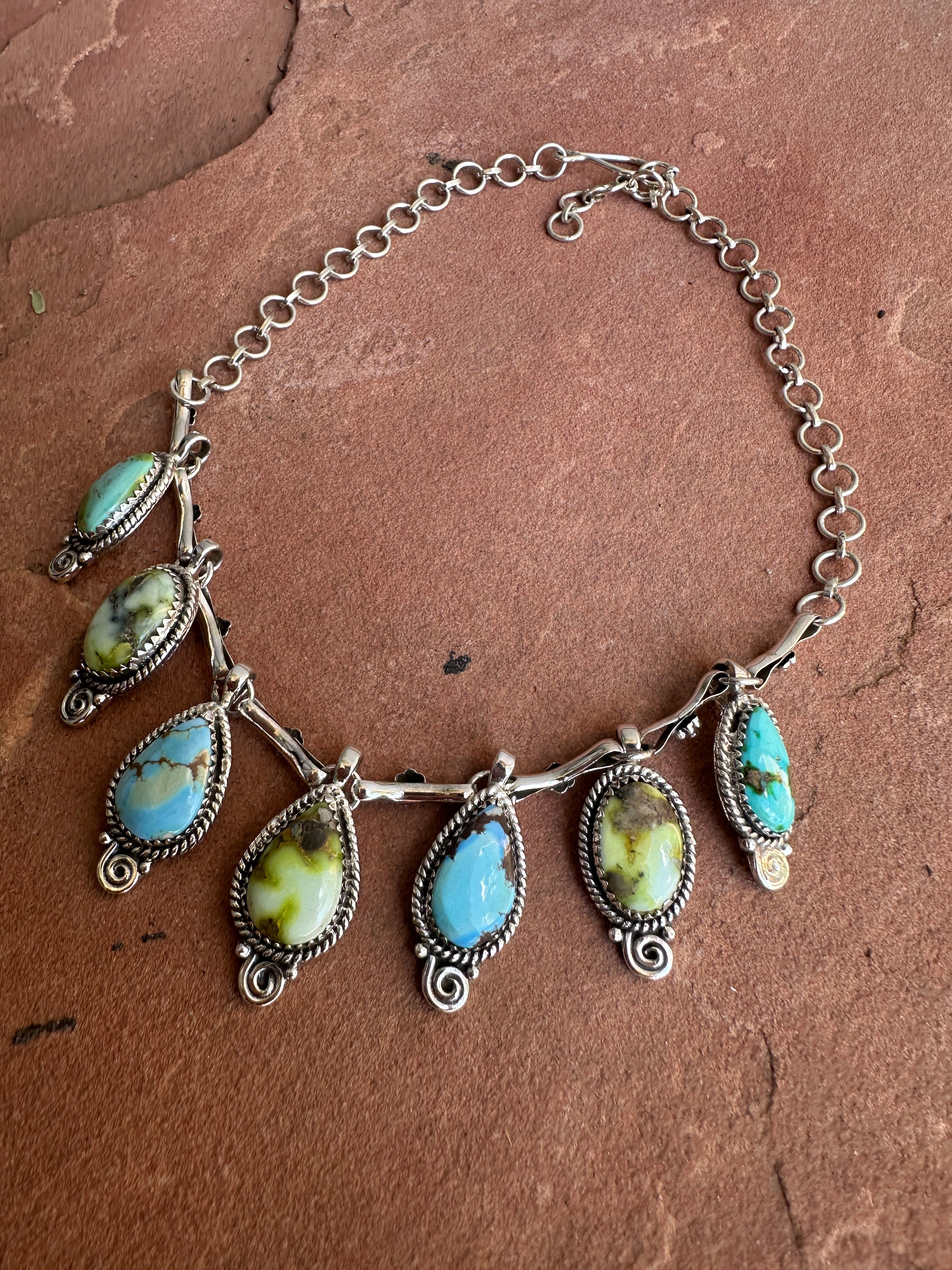 Beautiful Handmade Sterling Silver, Golden Hills Turquoise, Sonoran Turquoise & Palomino Turquoise Charm Necklace