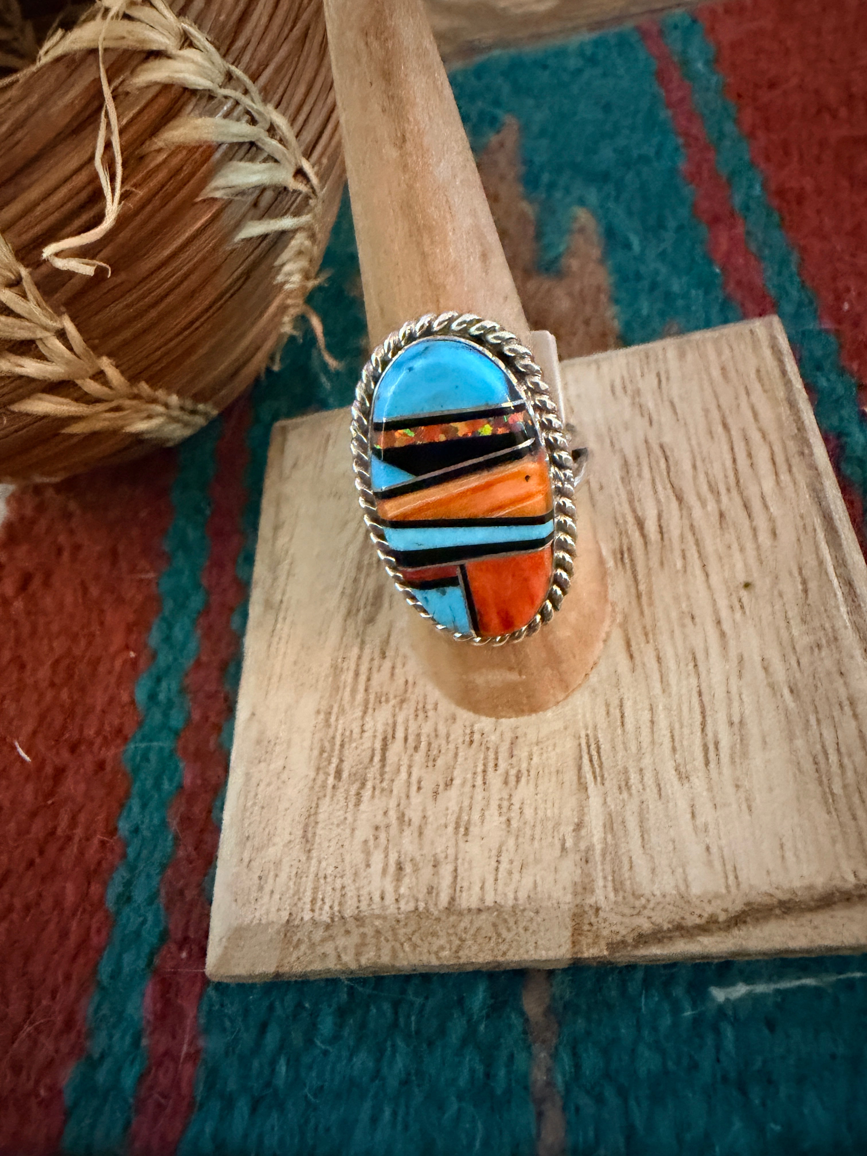 Handcrafted Multi Stone & Sterling Silver Inlay Ring Size 9