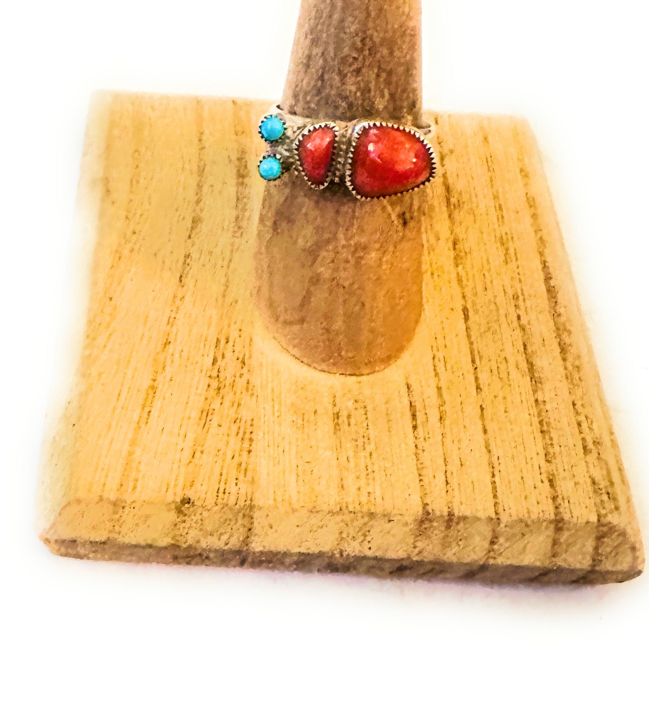 Navajo Coral, Turquoise & Sterling Silver Inlay Ring Size 7