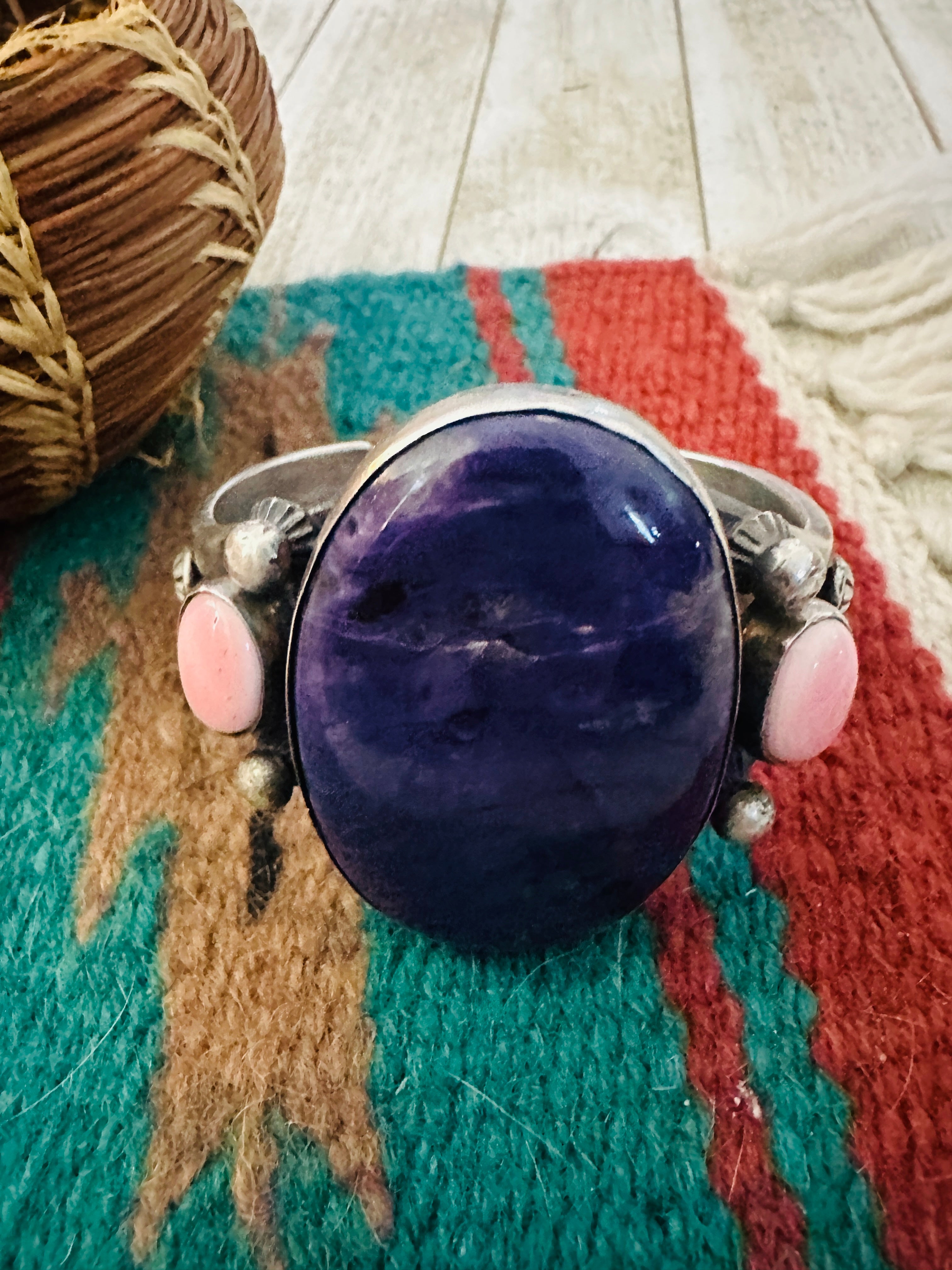 Handcrafted Charoite, Queen Pink Conch & Sterling Silver Cuff Bracelet by Chimney Butte