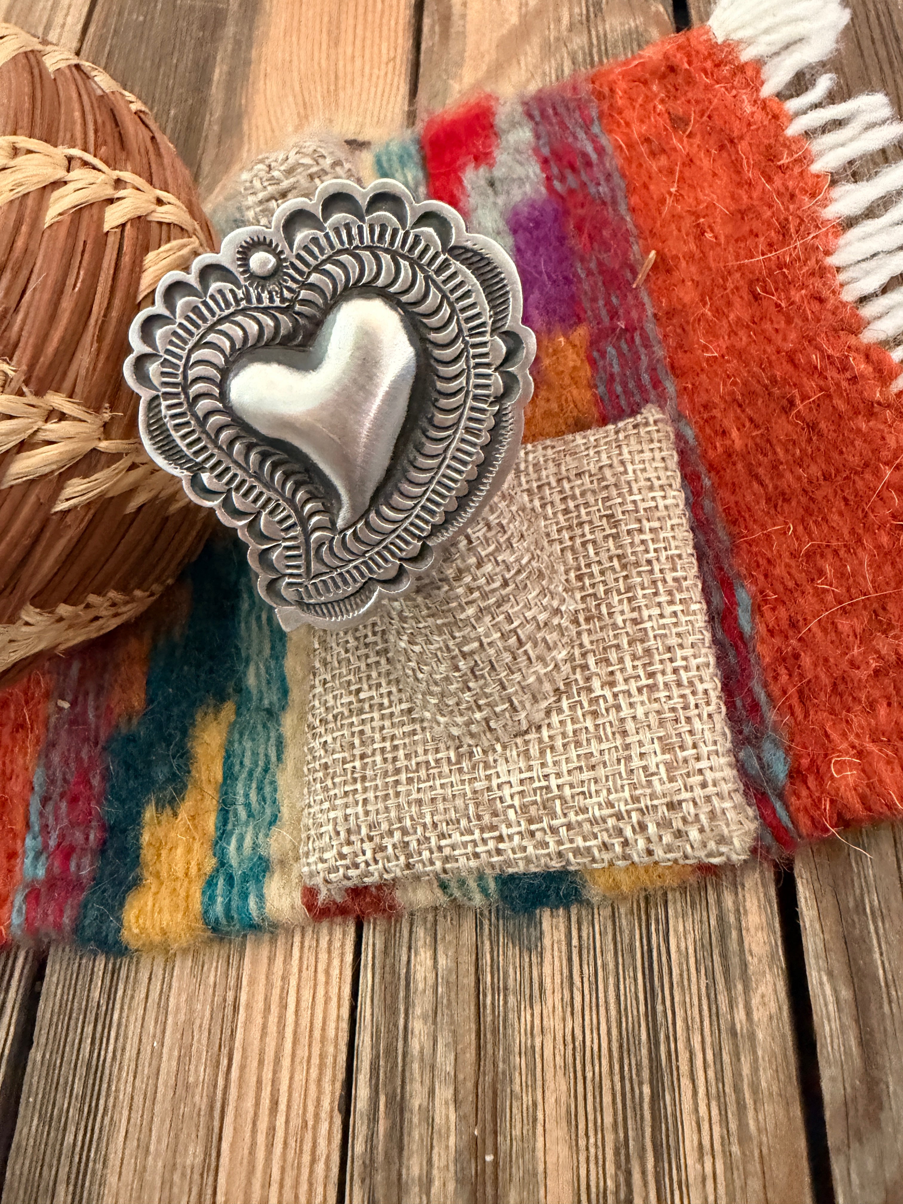 Handcrafted Sterling Silver Adjustable Heart Concho Ring by Leander Tahe