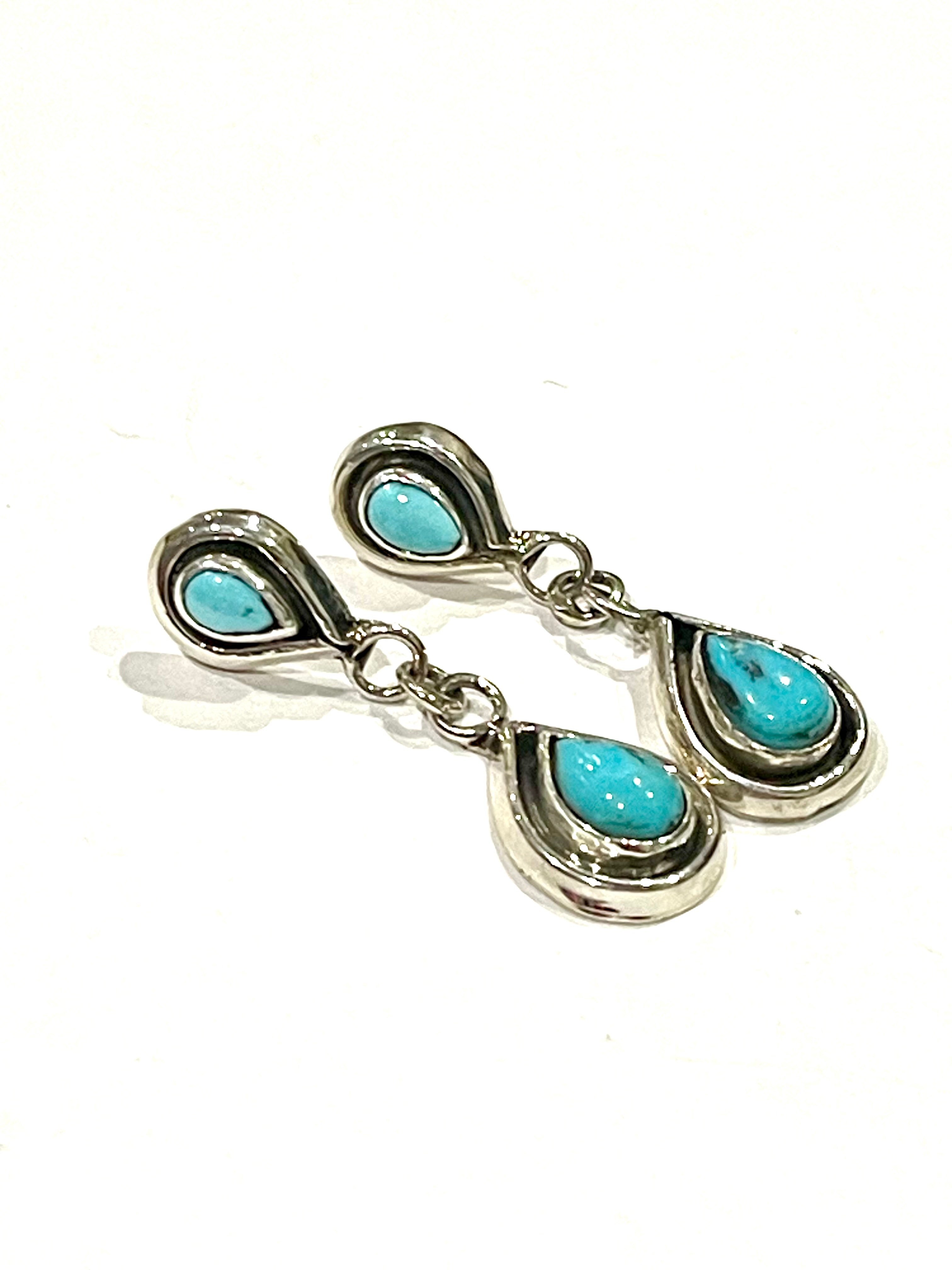 Navajo Turquoise And Sterling Silver Post Dangle Earrings