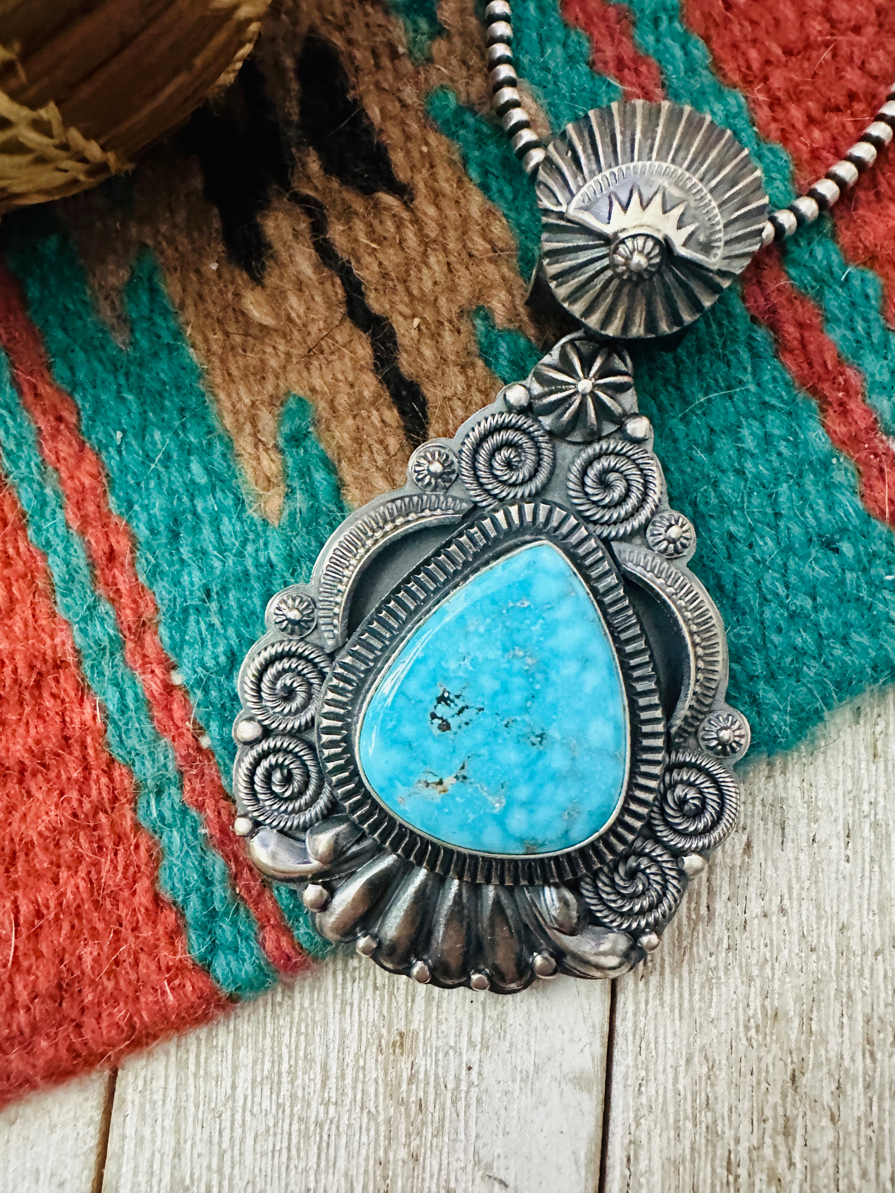 Handcrafted Sterling Silver & Kingman Turquoise Pendant by Delbert Gordon