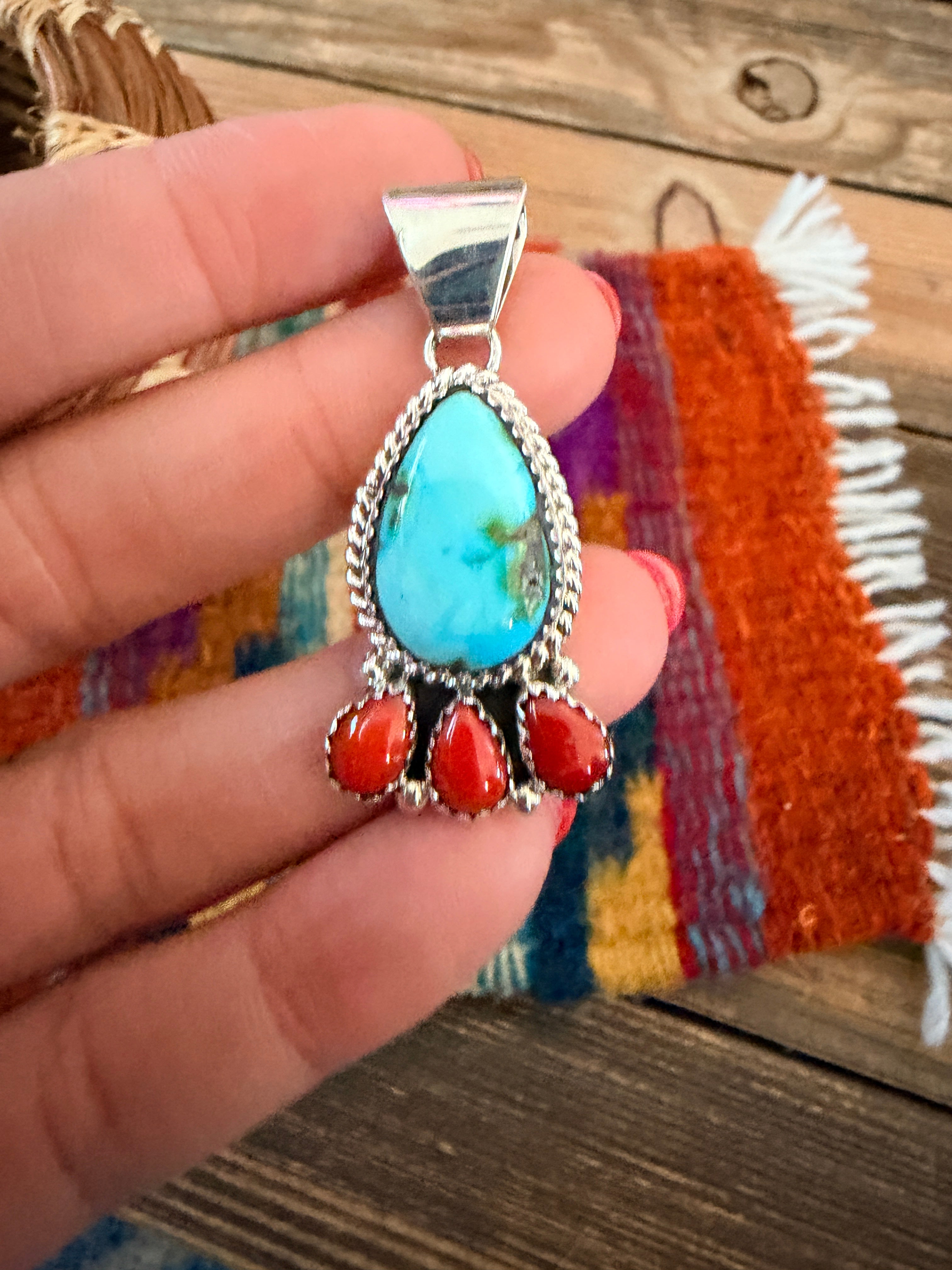 Handcrafted Turquoise, Coral and Sterling Silver Cluster Pendant by Julia Etsitty