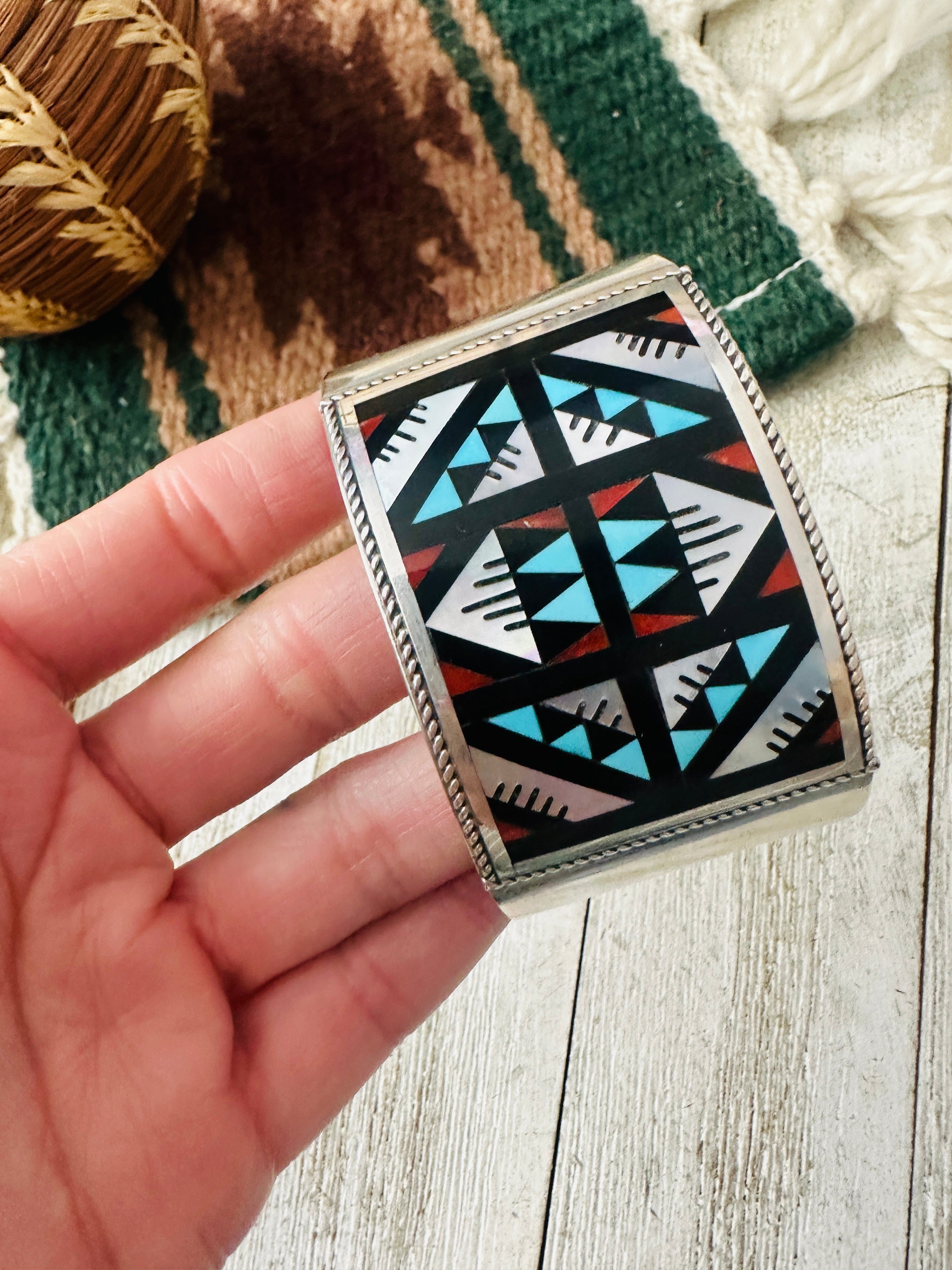 Handcrafted Old Pawn Multi Stone & Sterling Silver Inlay Cuff Bracelet