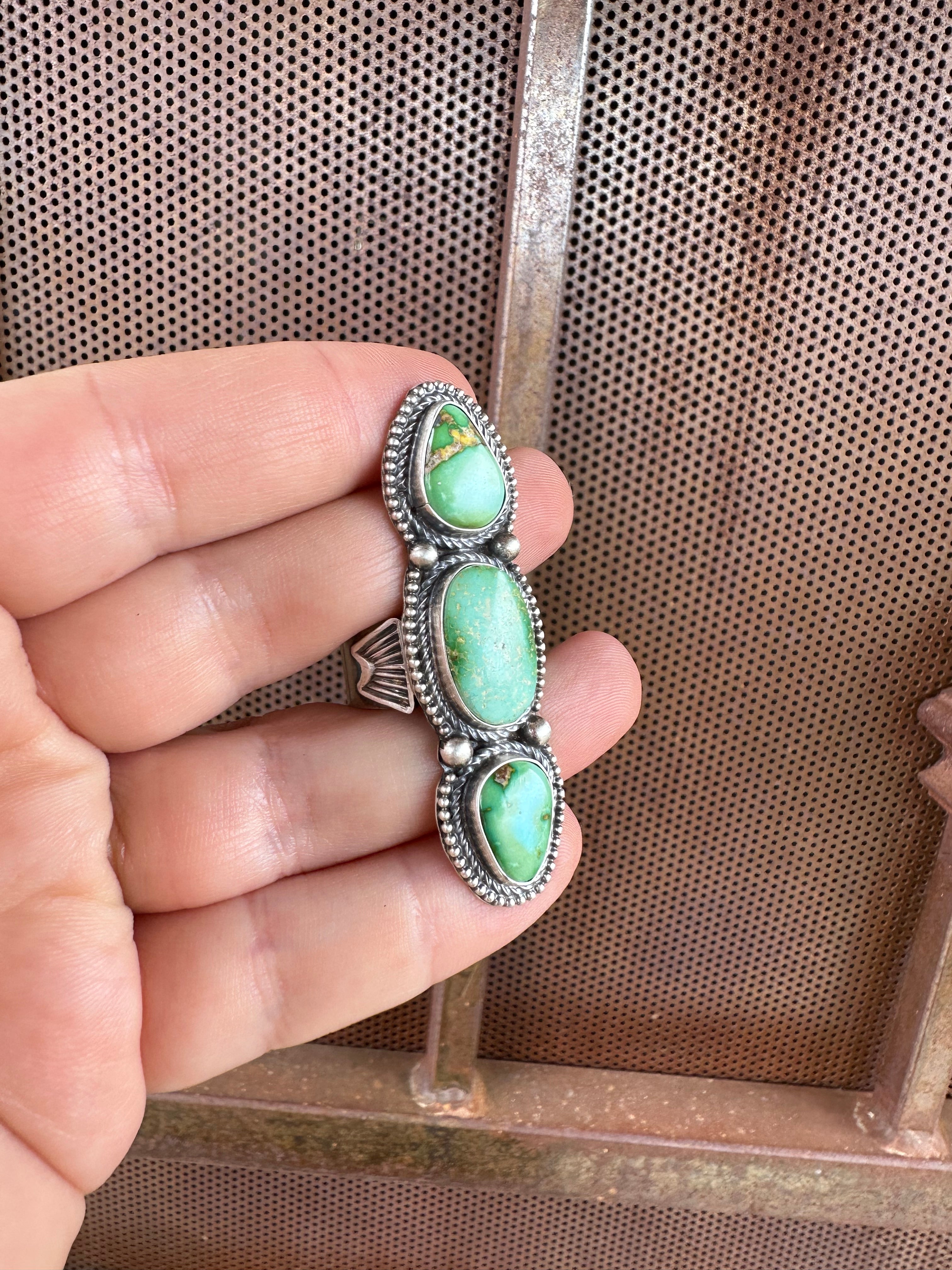 Navajo Sonoran Gold Turquoise & Sterling Silver 3 Stone Ring Size 7 Signed