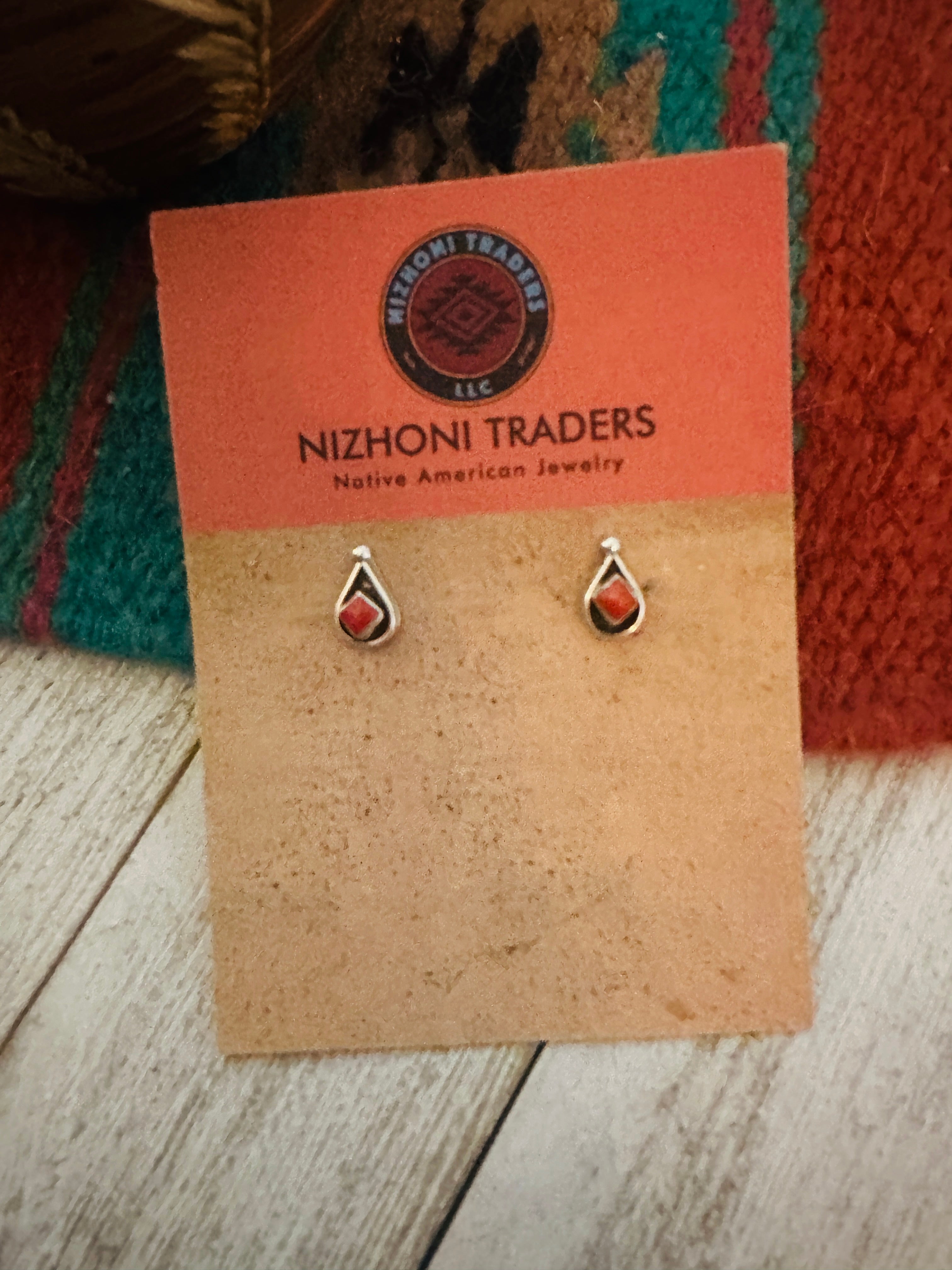 Zuni Coral & Sterling Silver Shadowbox Stud Earrings