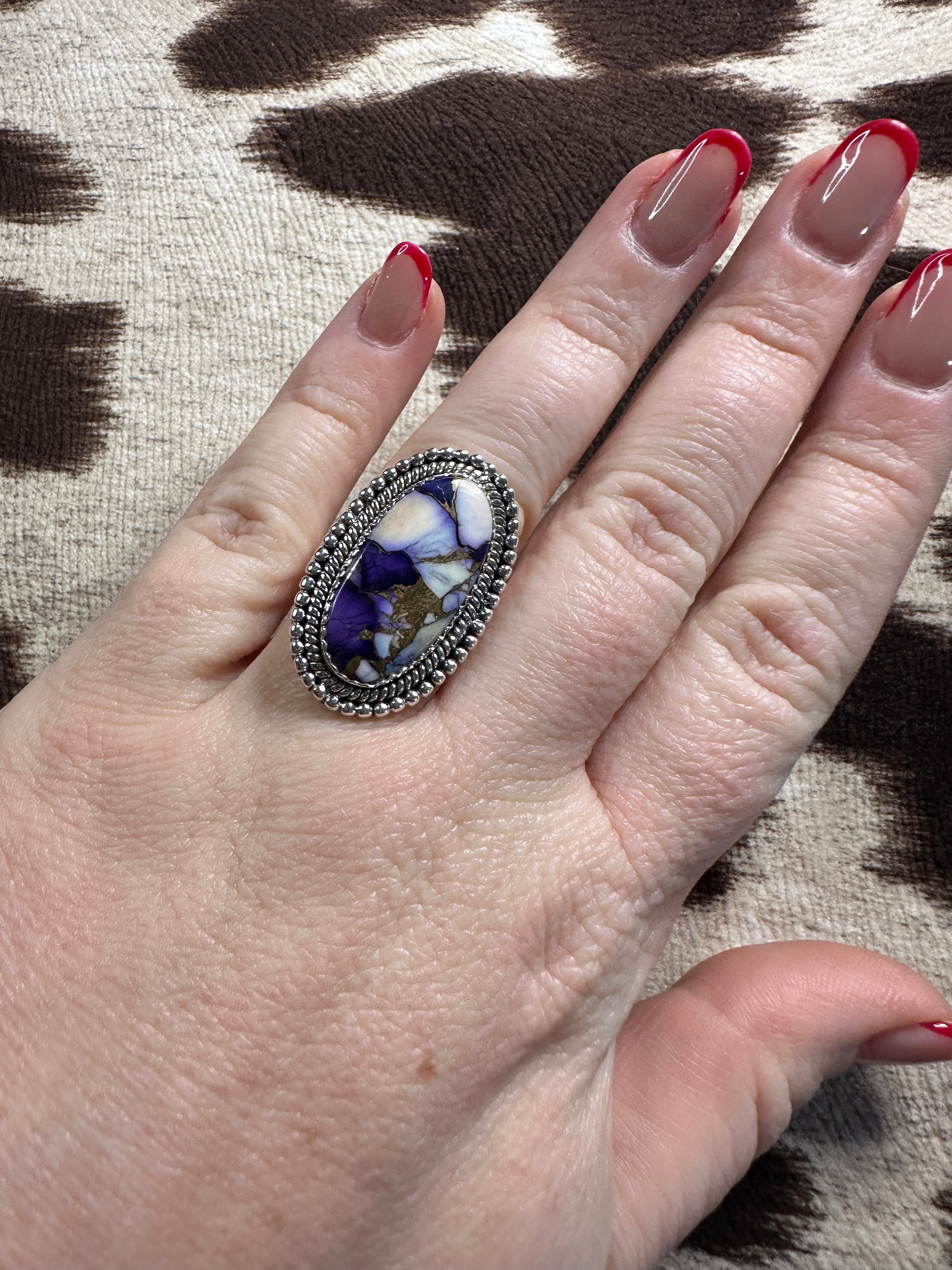 Beautiful Handmade Violet Frost And Sterling Silver Adjustable Ring OVAL