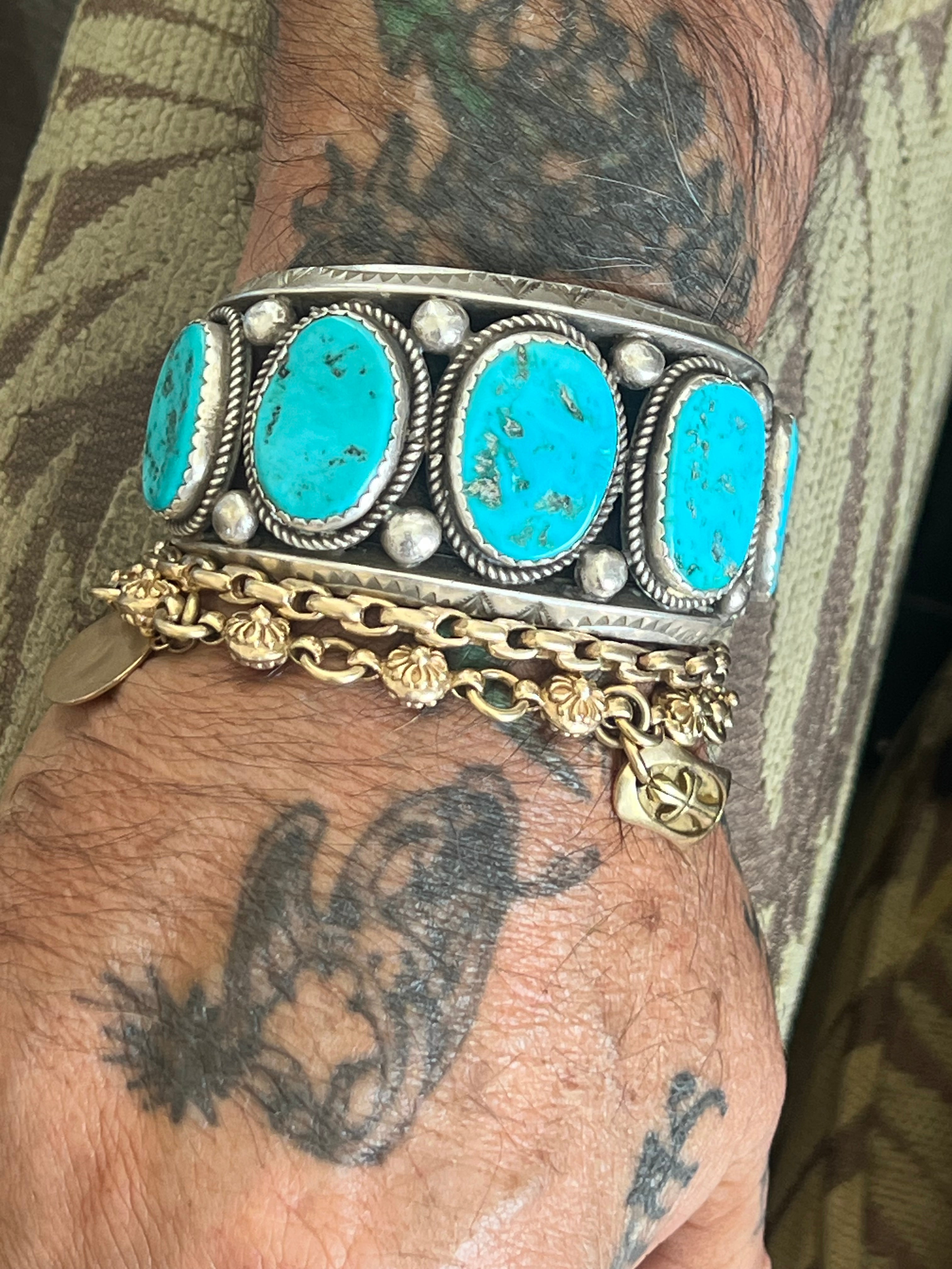 Handcrafted Old Pawn Sterling Silver and Natural Sleeping Beauty Turquoise Cuff Bracelet, Signed /