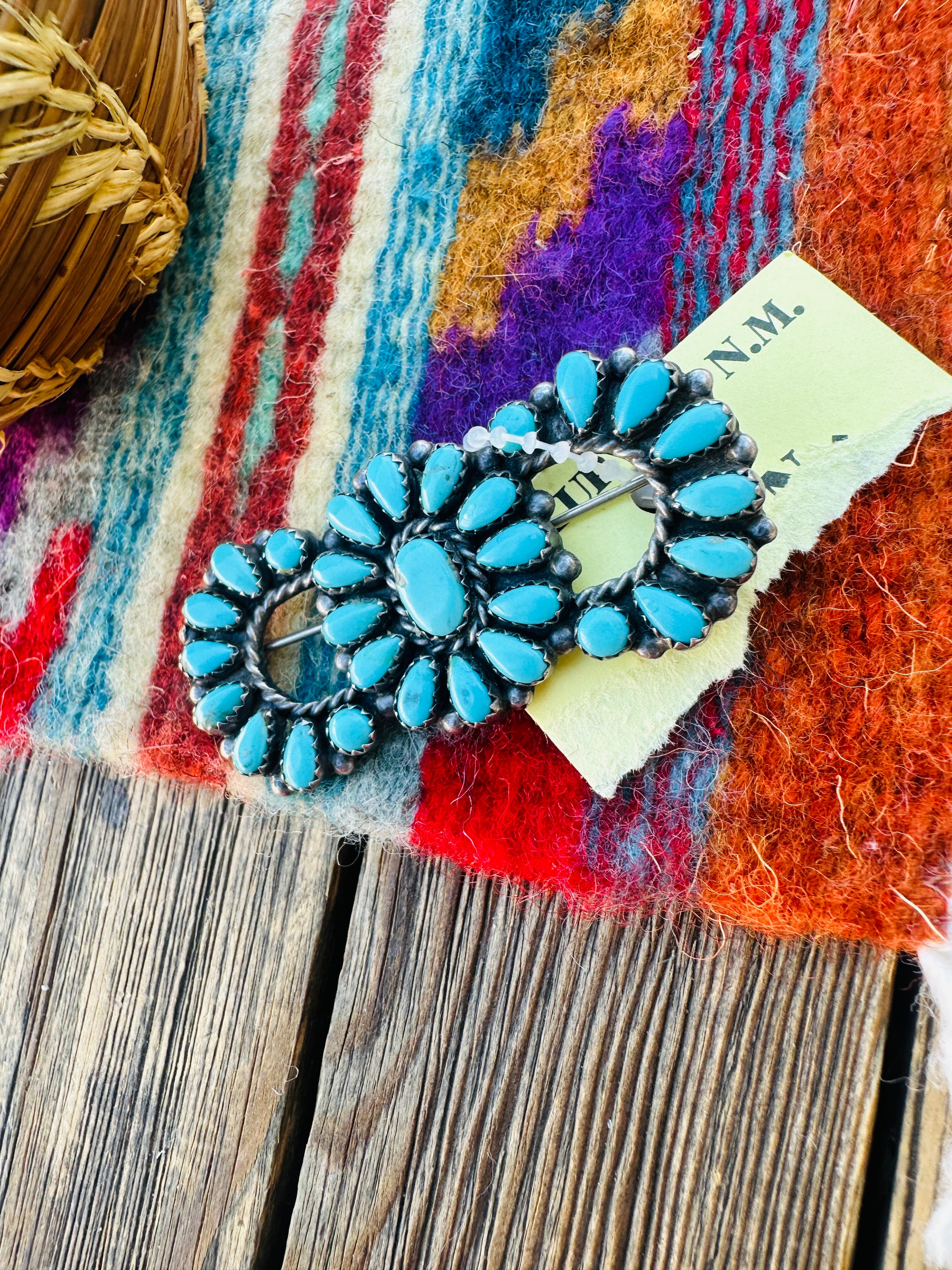 Old Pawn Handcrafted Turquoise and Sterling Silver Cluster Brooch