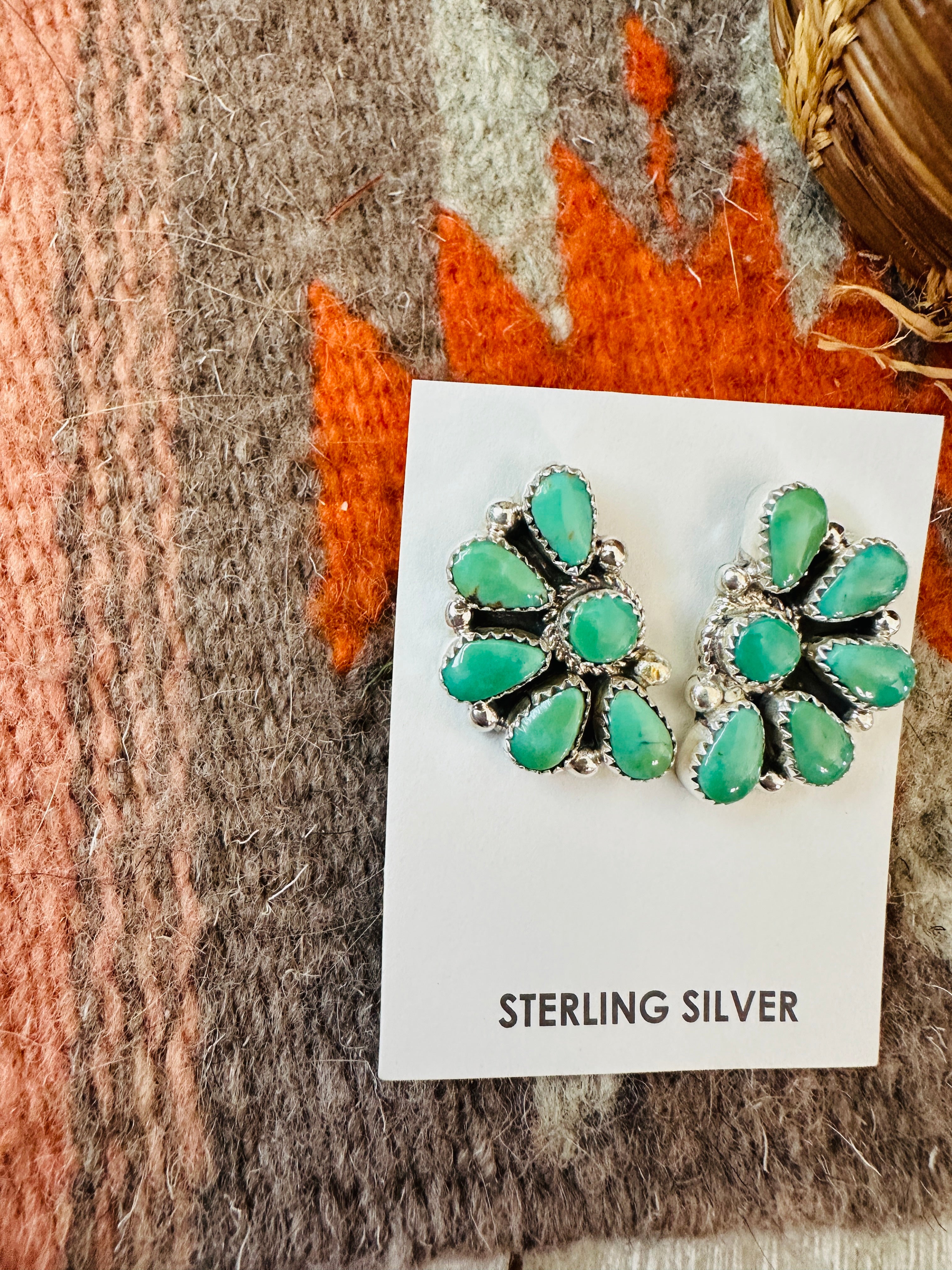 Handcrafted Sterling Silver & Green Turquoise Cluster Post Earrings