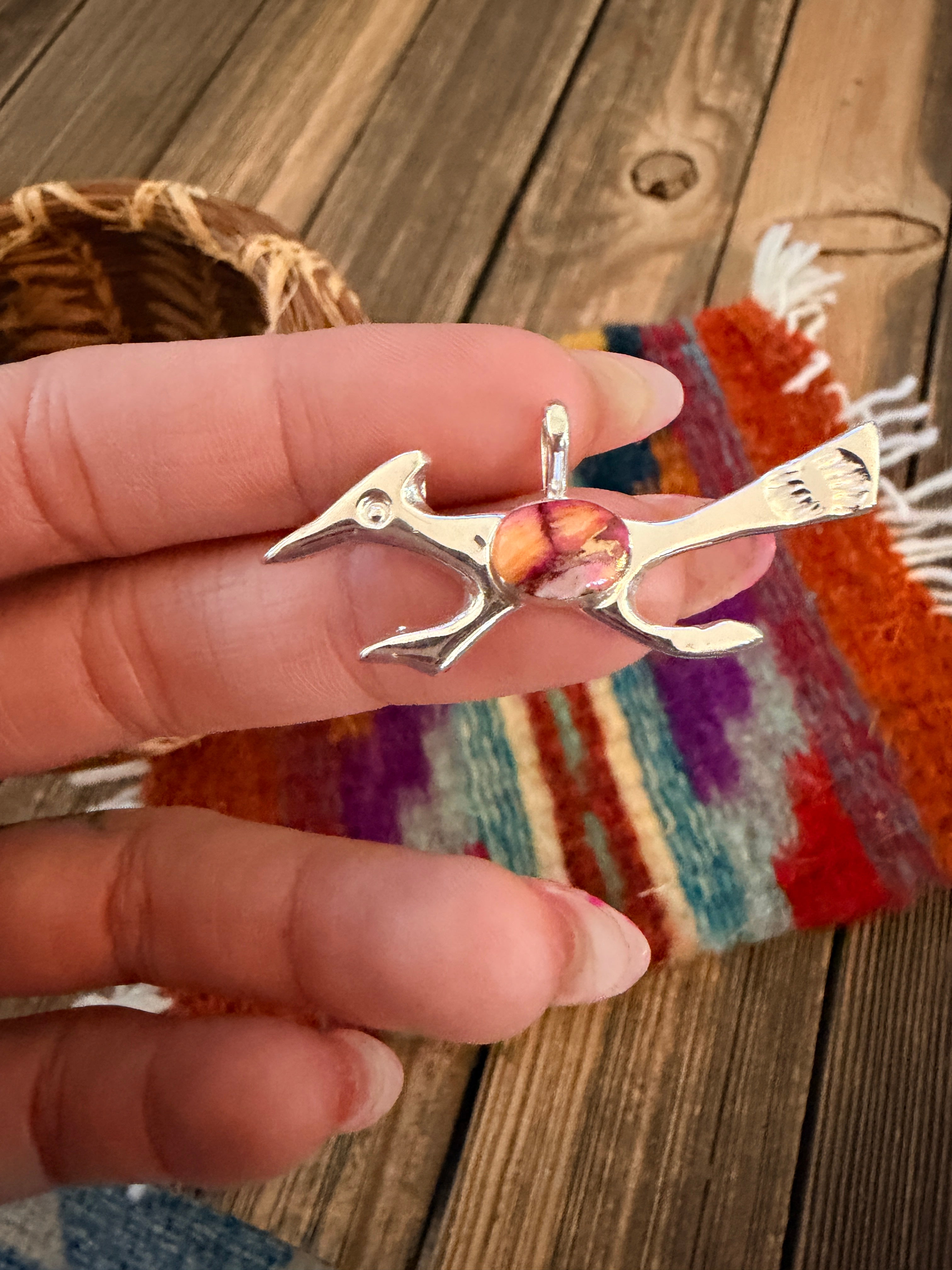 Handcrafted Sterling Silver & Pink Dream Mojave Road Runner Pendant by Joseph Martinez