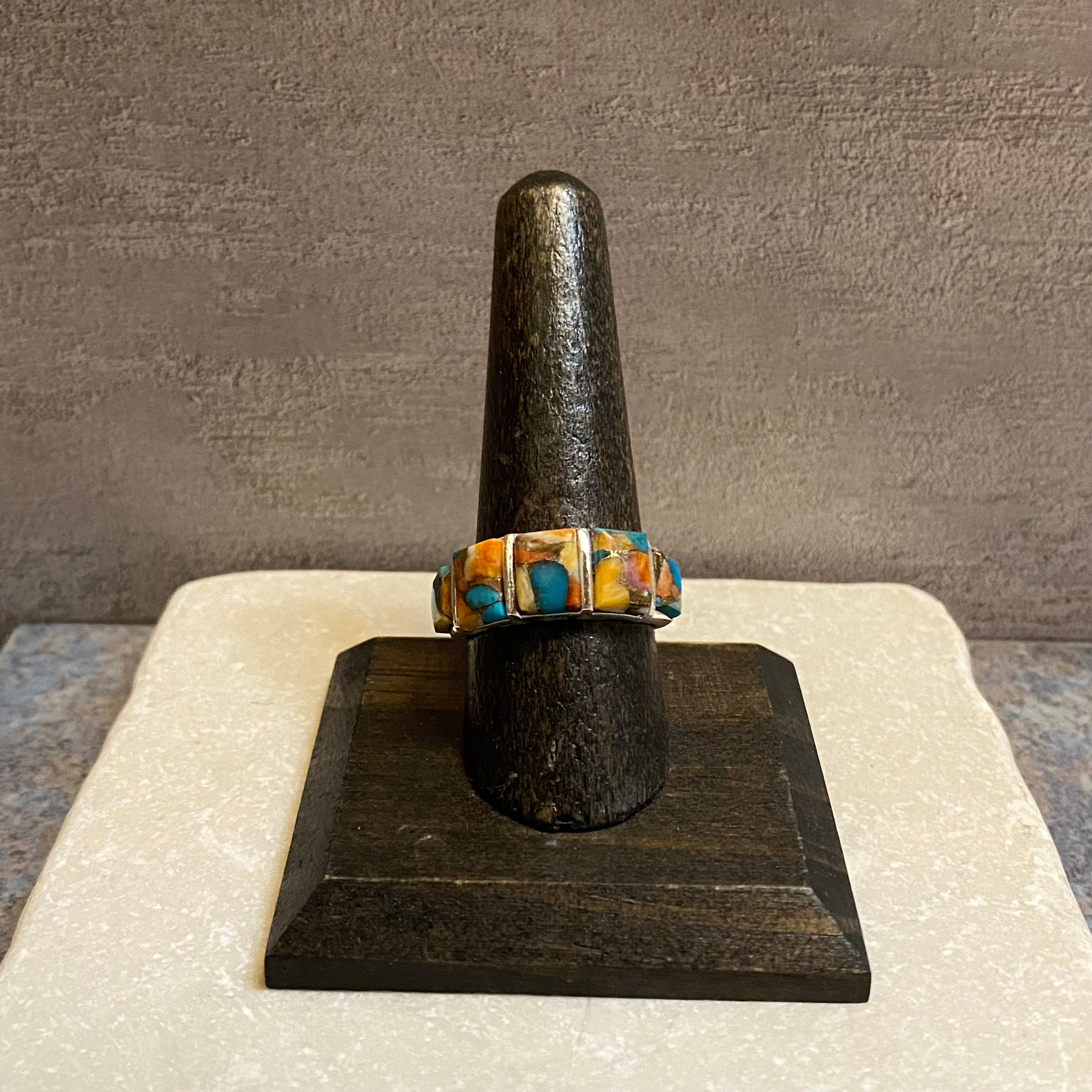 Sterling Silver Five Stone Orange Spiny Turquoise Ring Size 8.25