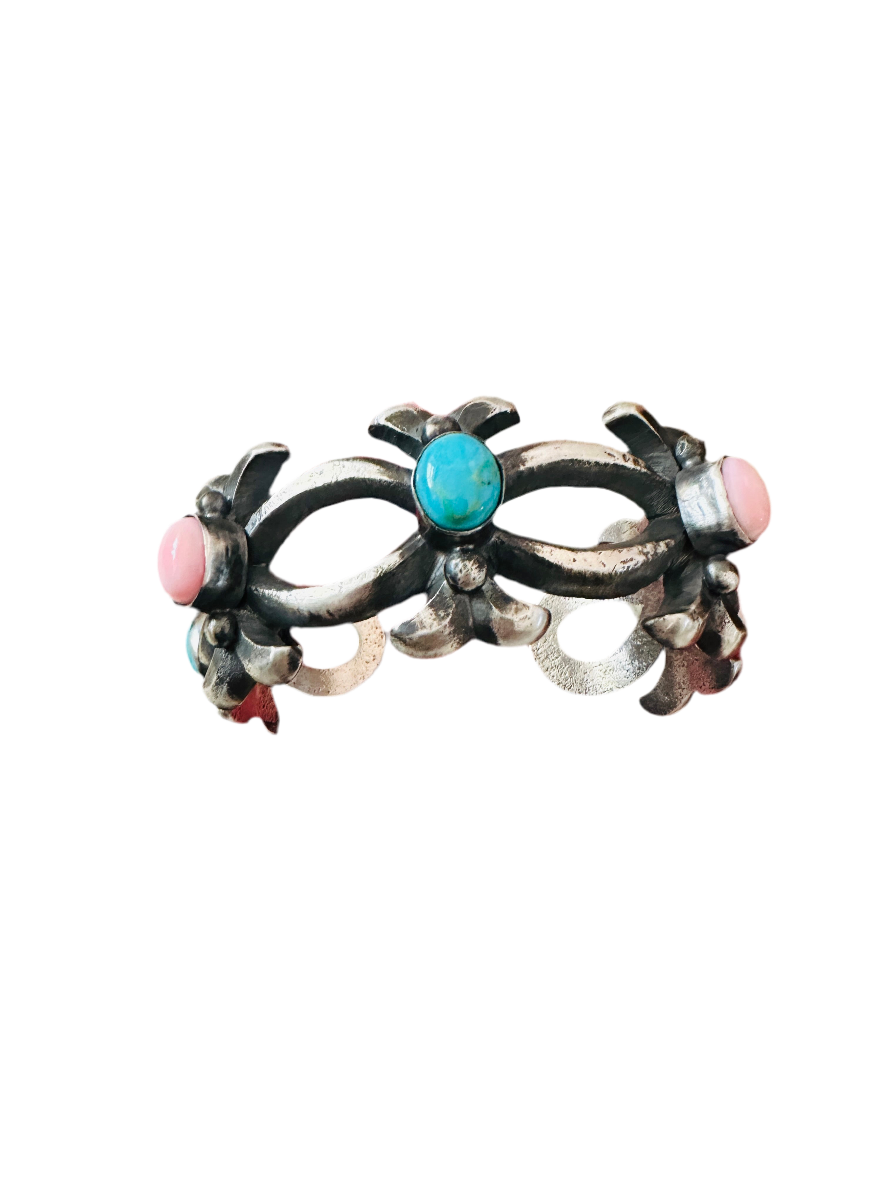 Handcrafted Turquoise, Queen Pink & Sterling Silver Cuff Bracelet by Chimney Butte