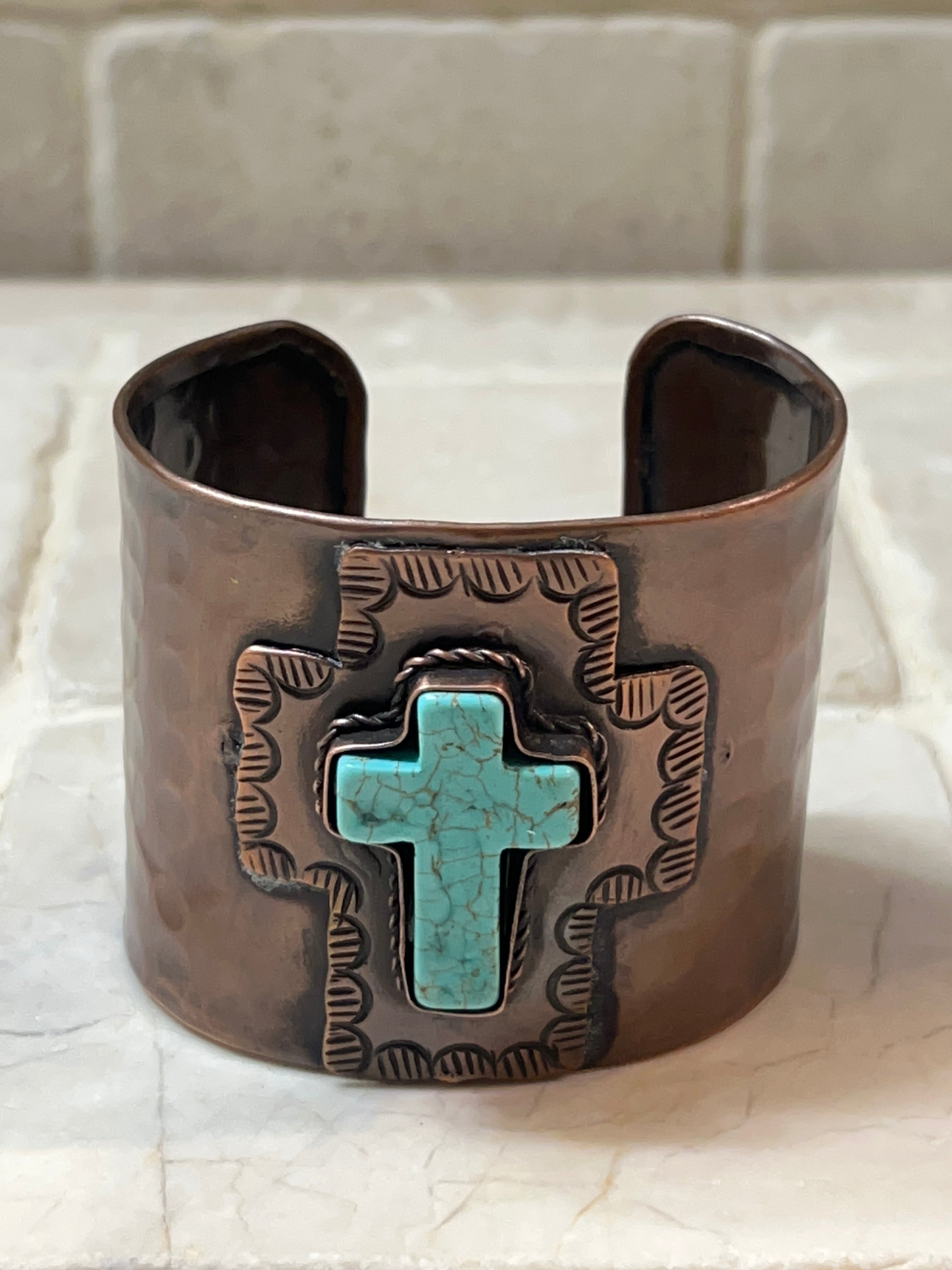 Engraved Copper Cuff Bracelet with Blue Cross