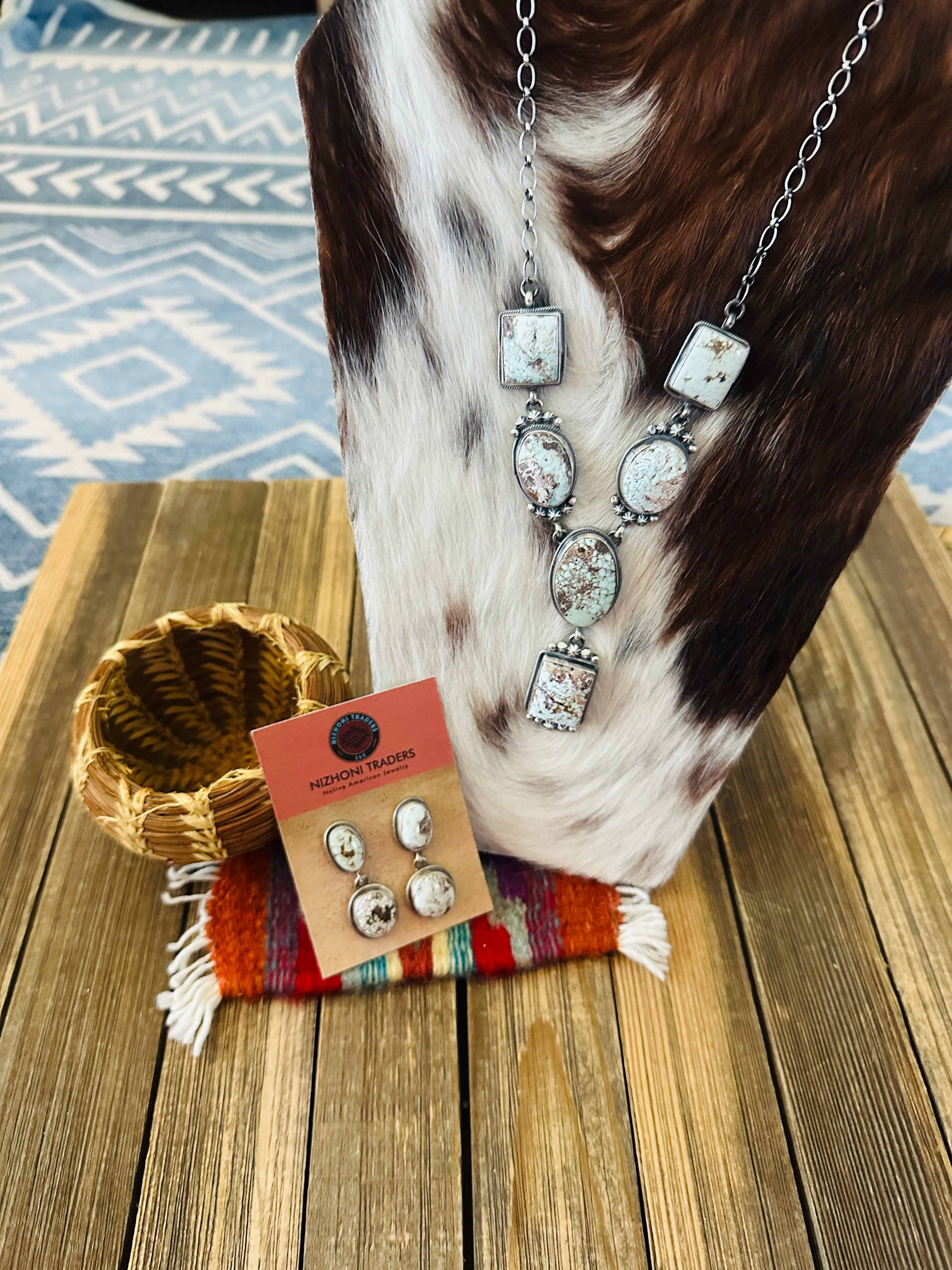 Handcrafted Dry Creek Turquoise & Sterling Silver Necklace and Earring Set by Darrin Livingston