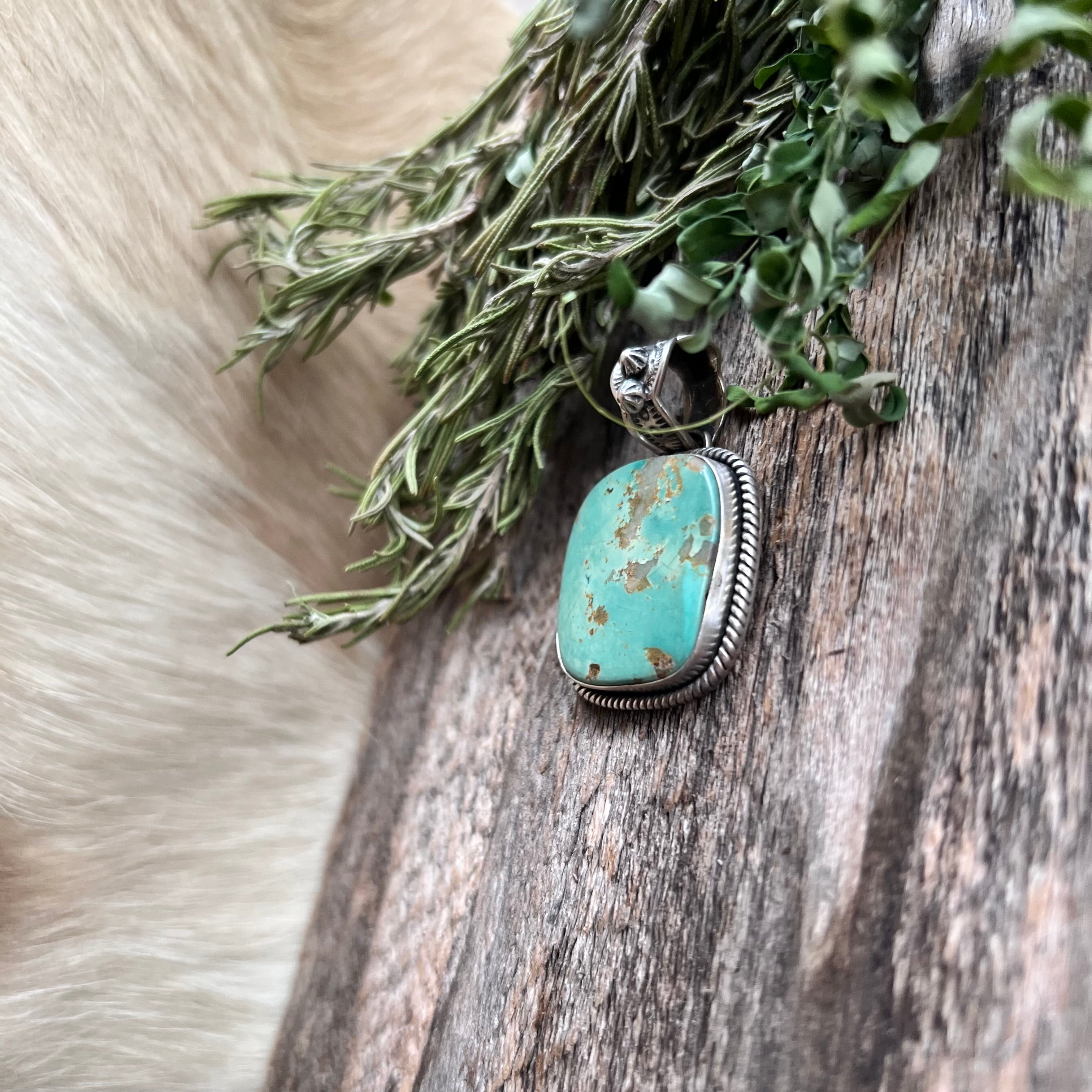 Handmade Green Turquoise Square Sterling Silver Pendant