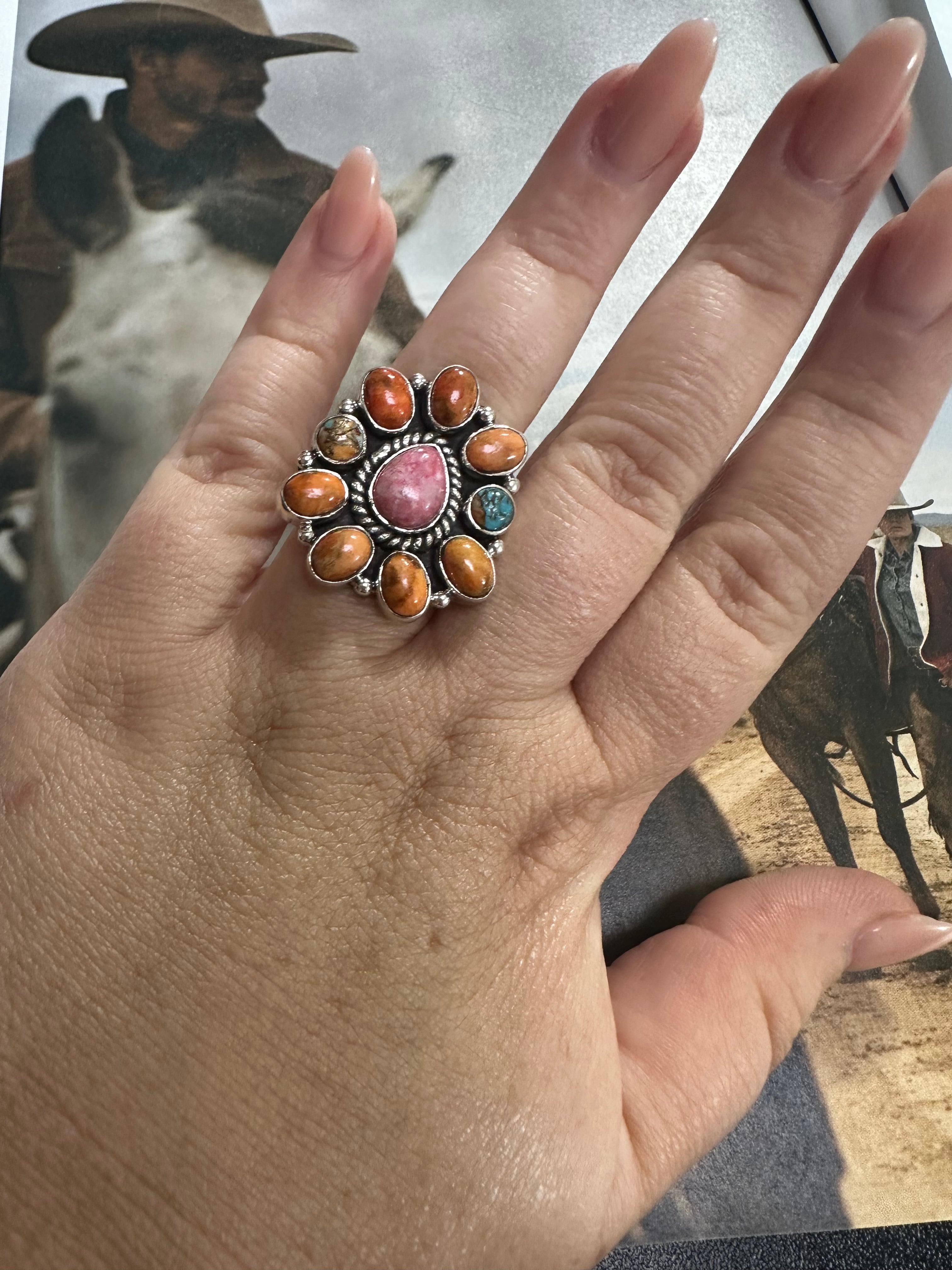 Handmade Purple Dream Mojave, Rhodonite, Orange Mojave And Sterling Silver Adjustable Ring