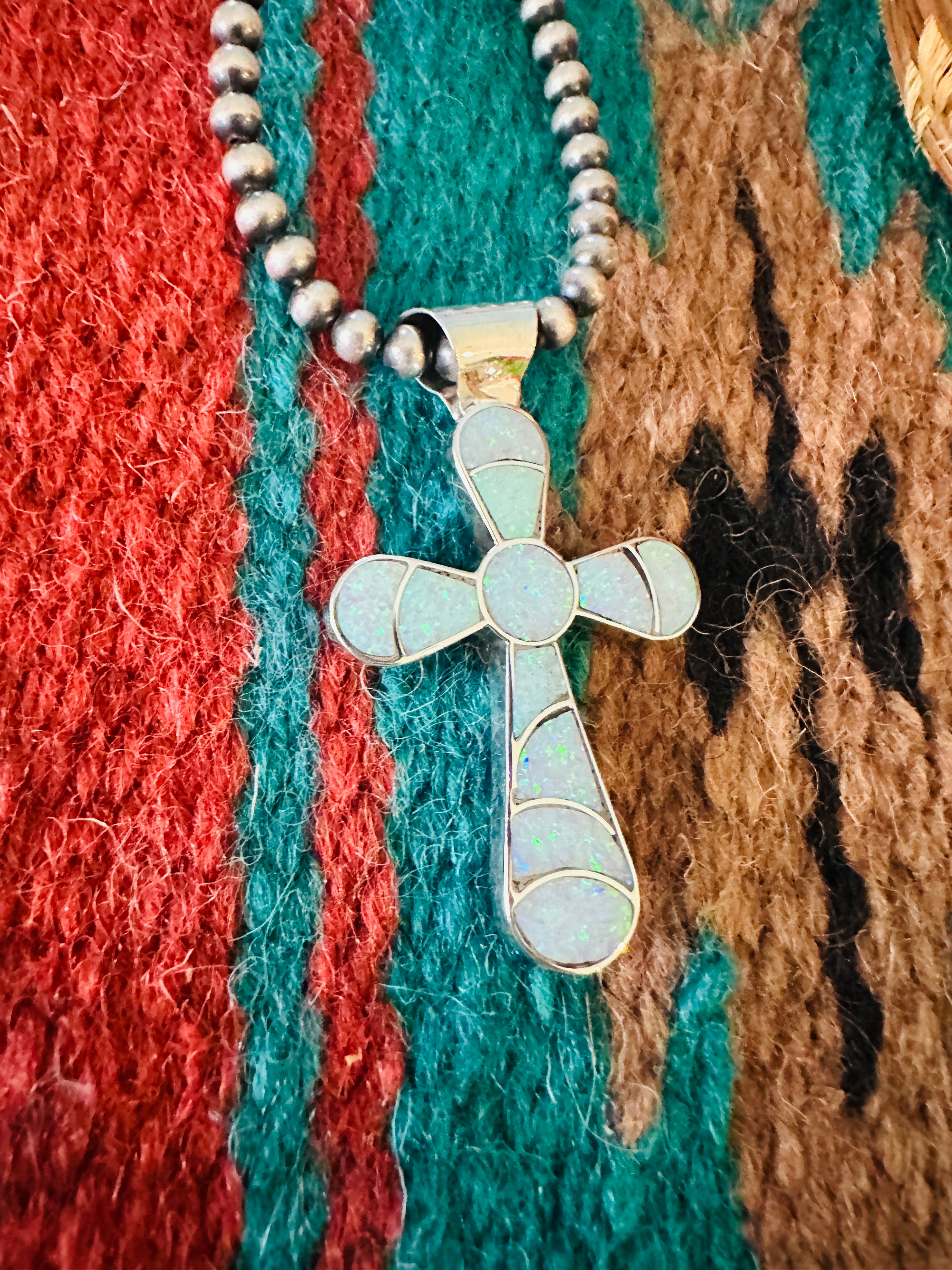 Zuni Sterling Silver & White Opal Inlay Cross Pendant Signed