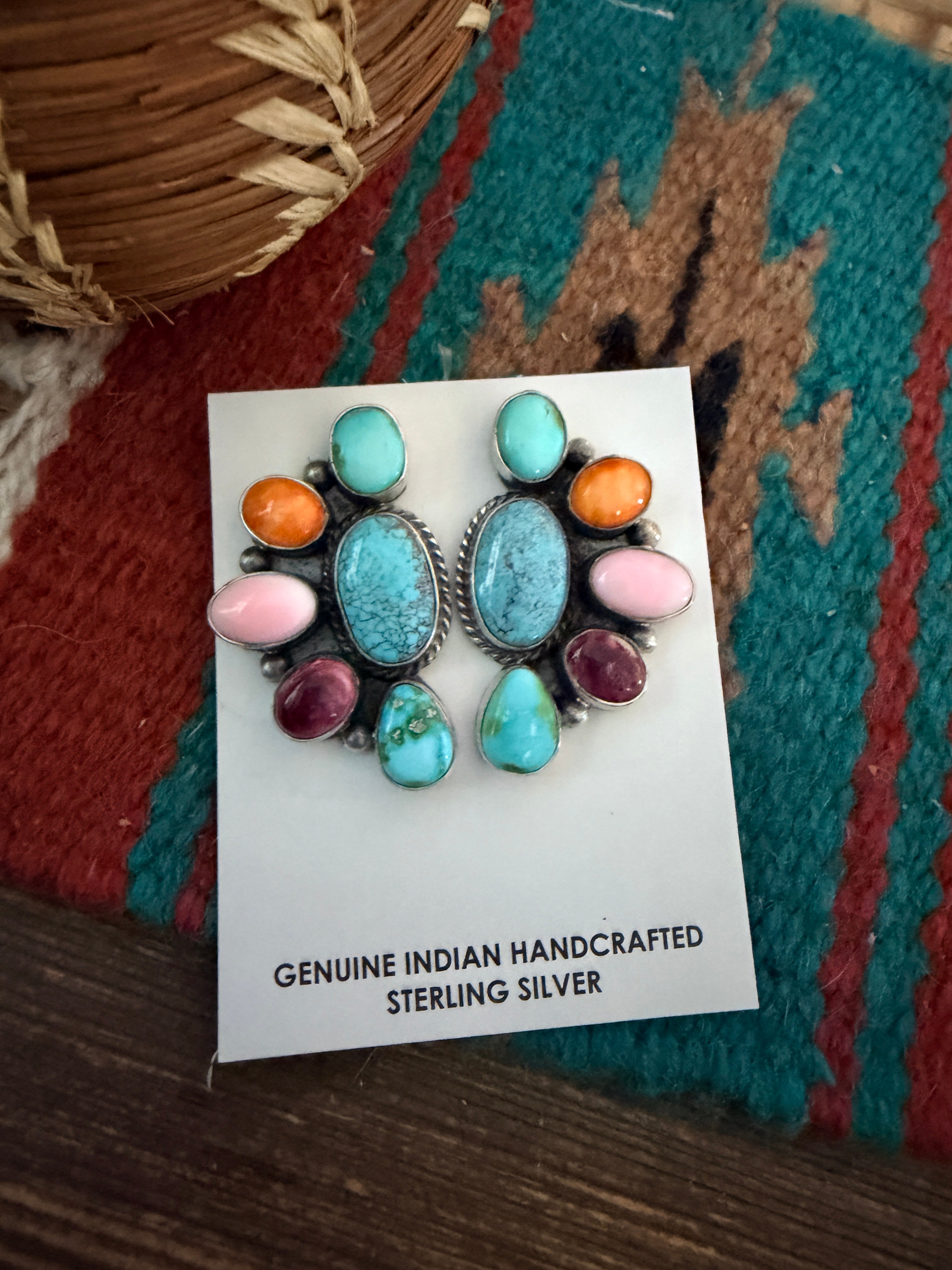 Handcrafted Turquoise, Spiny Oyster, Queen Pink Conch & Sterling Silver Post Earrings by Hiram Largo