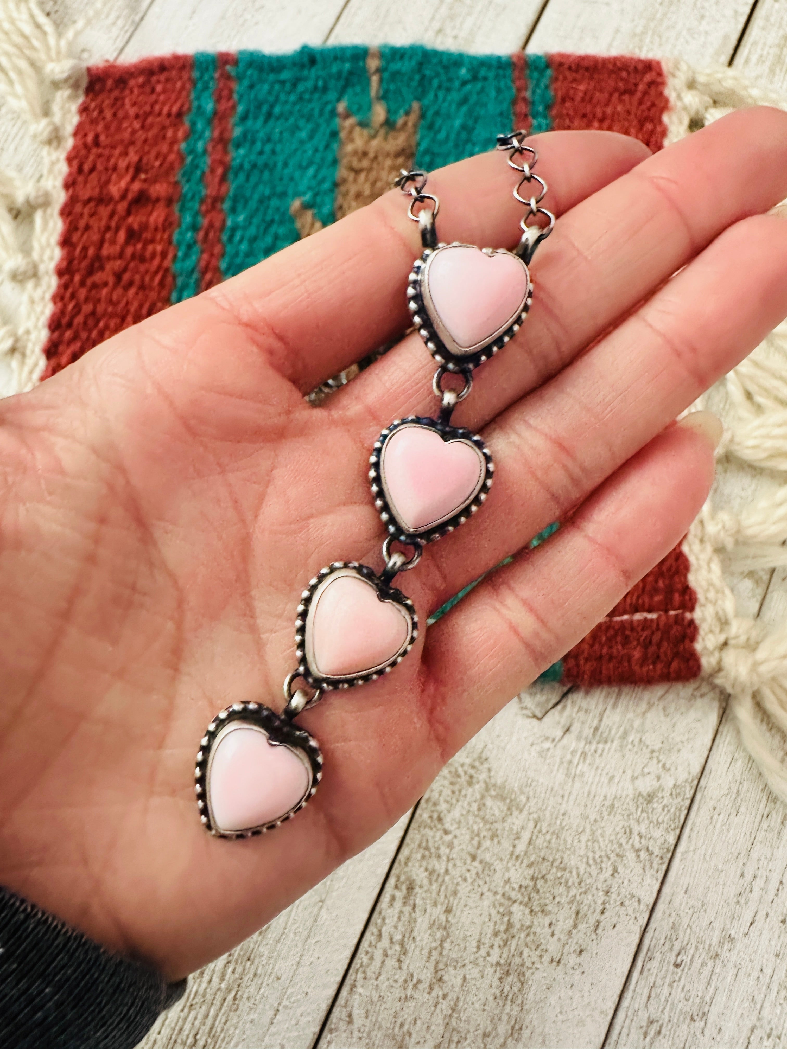 Navajo Queen Pink Conch & Sterling Silver Pearl Lariat Heart Necklace