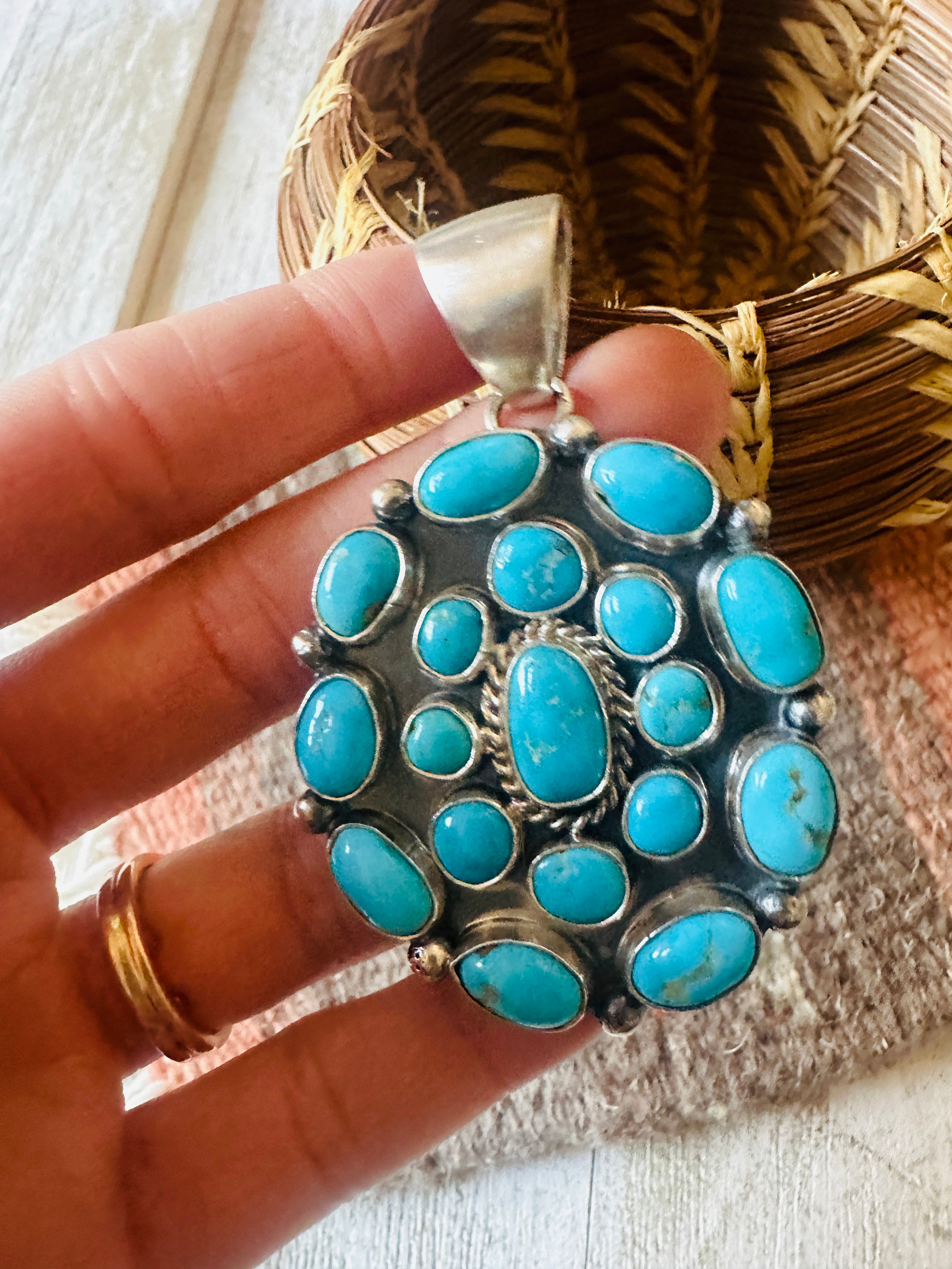 Navajo Sterling Silver & Kingman Turquoise Cluster Pendant