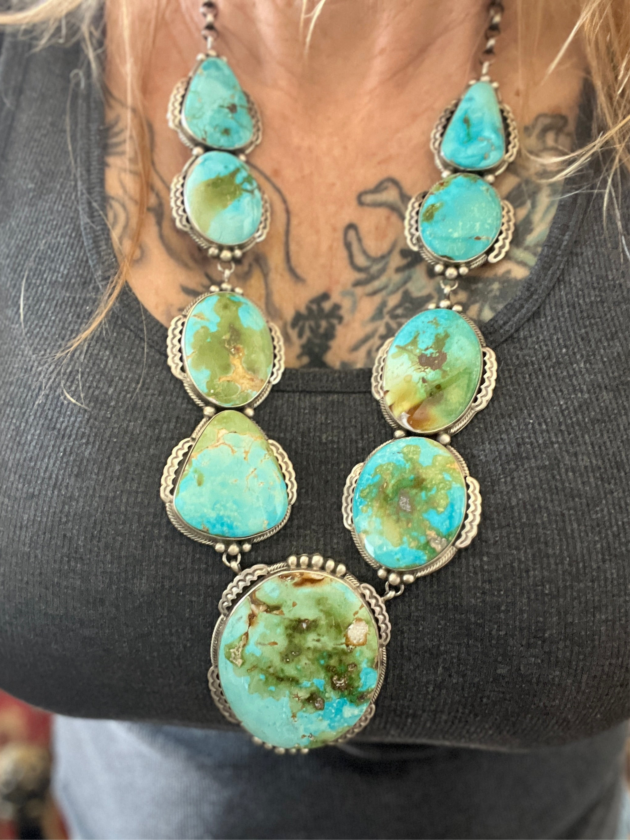 Massive Navajo Sterling Silver and Sonoran Mountain Turquoise Statement Necklace with Earrings by Talila Benally