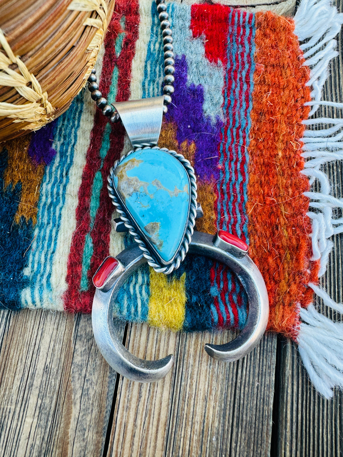 Handcrafted Sterling Silver, Turquoise & Coral Naja Pendant by Chimney Butte