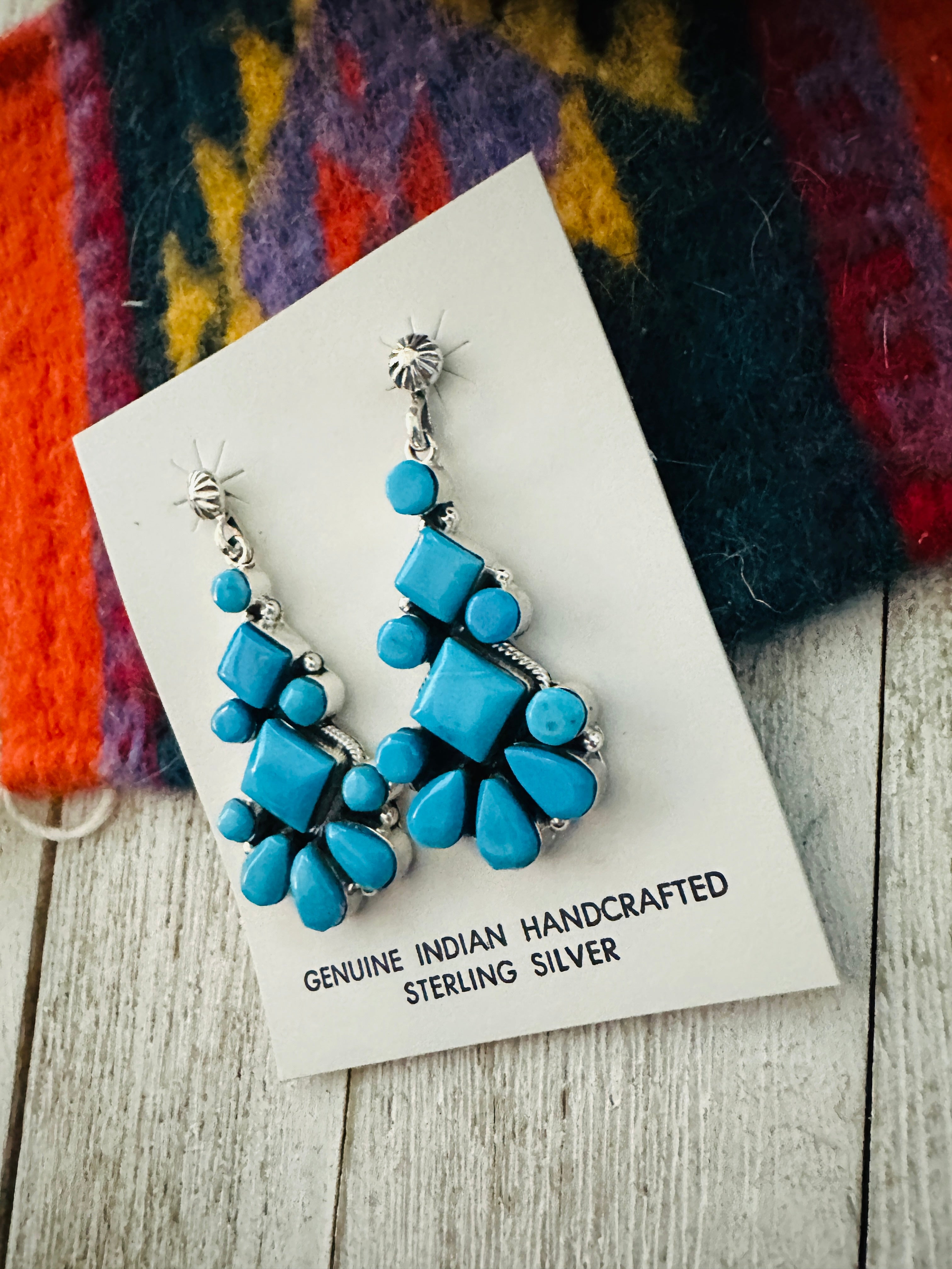 Navajo Sterling Silver & Turquoise Cluster Dangle Earrings