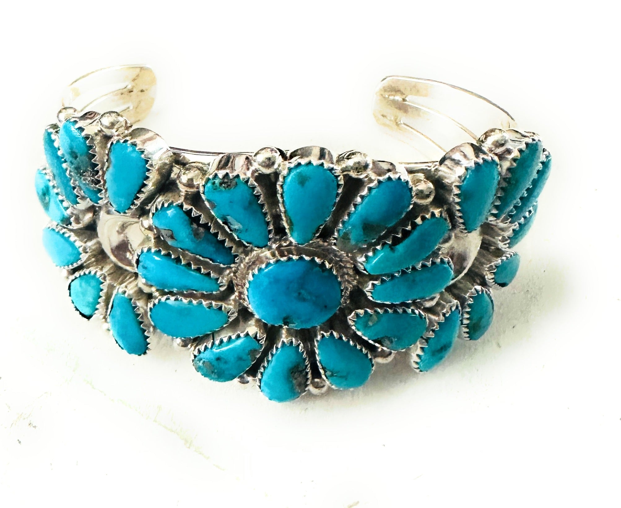 Navajo Kingman Turquoise & Sterling Silver Cluster Cuff Bracelet