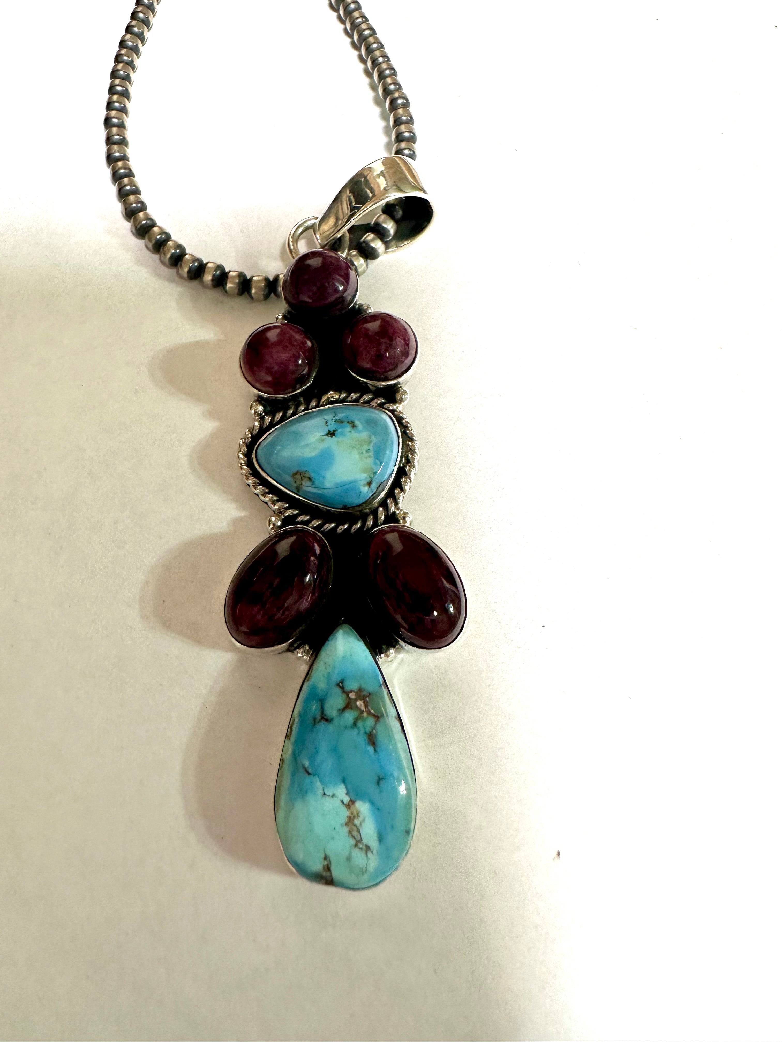 Handmade Sterling Silver, Golden Hills Turquoise, Purple Spiny Pendant Signed Nizhoni