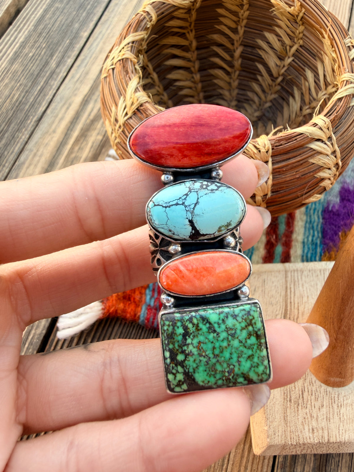Handcrafted Spiny Oyster, Turquoise & Sterling Silver Adjustable Ring