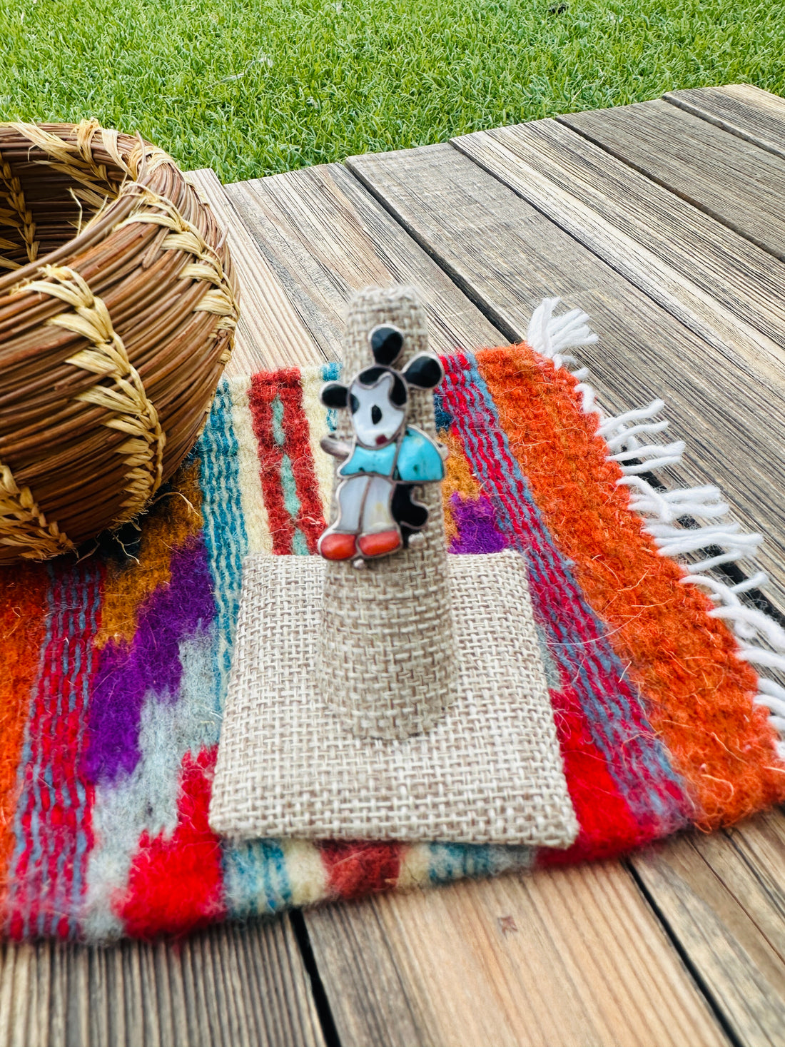 Old Pawn Handcrafted Multi Stone & Sterling Silver Character Ring Size 5.5