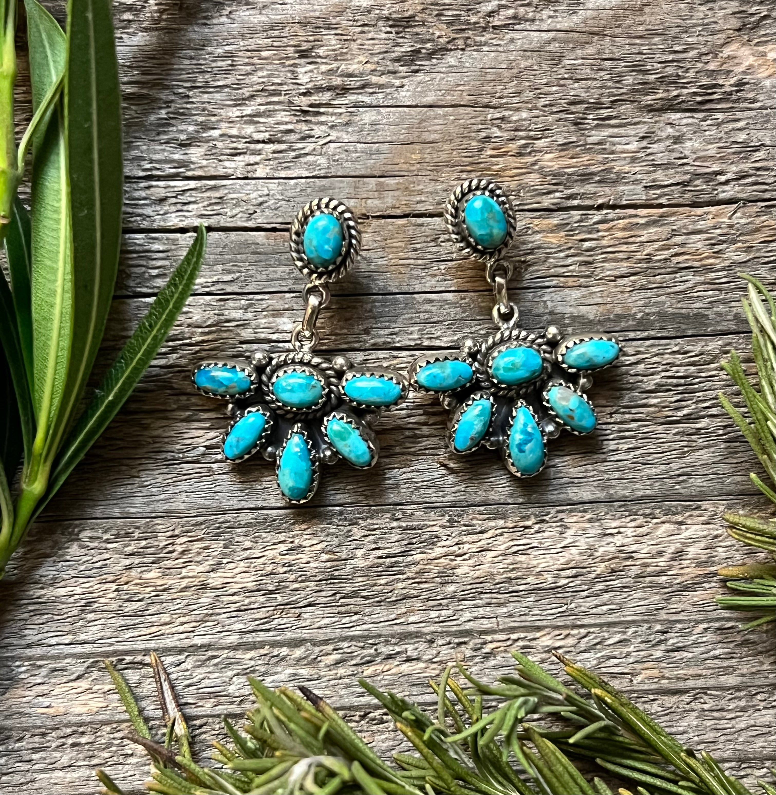 Handmade South Hill Turquoise Cluster Sterling Silver Dangle Earrings