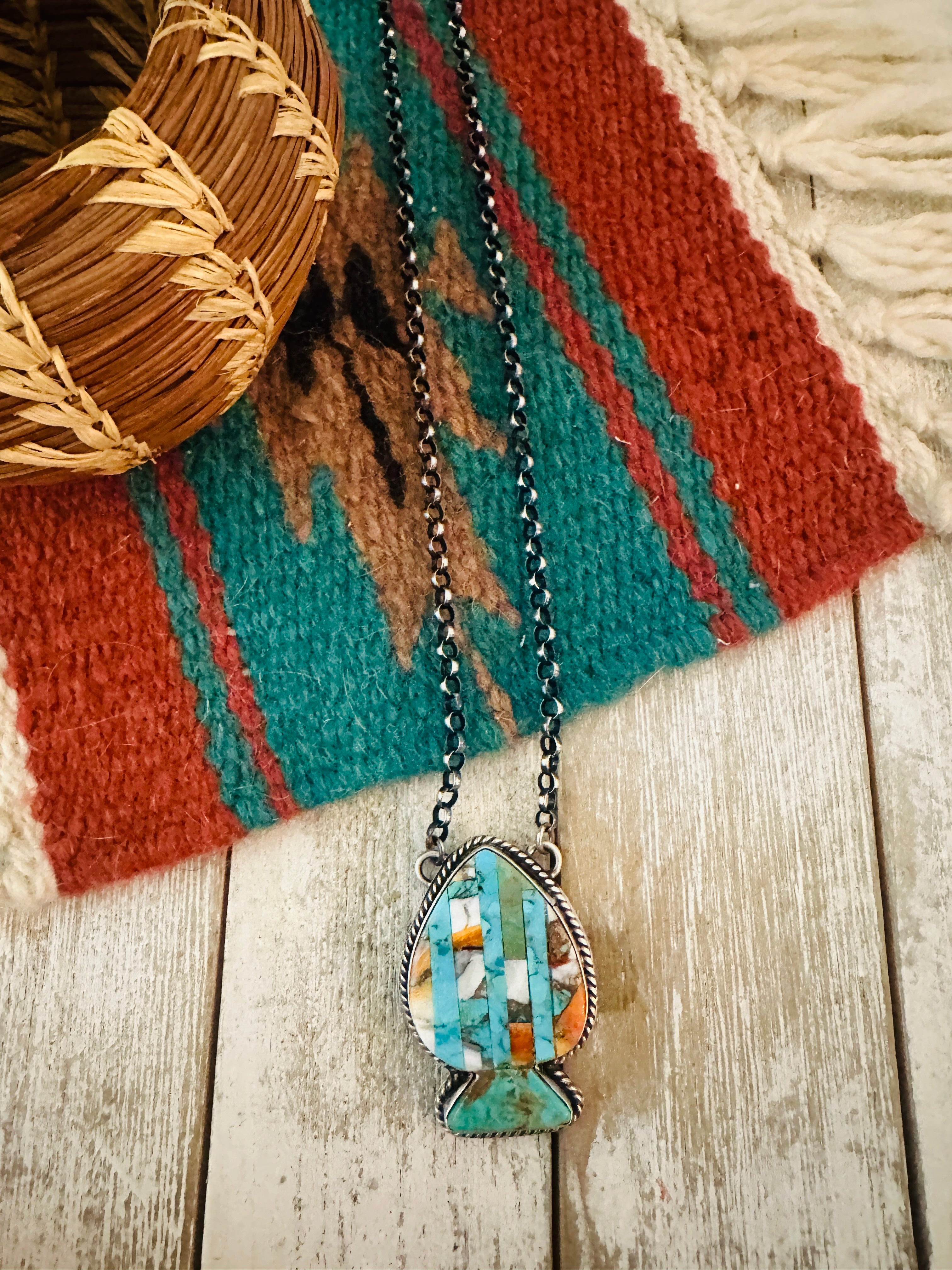 Navajo Sterling Silver & Multi Stone Inlay Spade Necklace