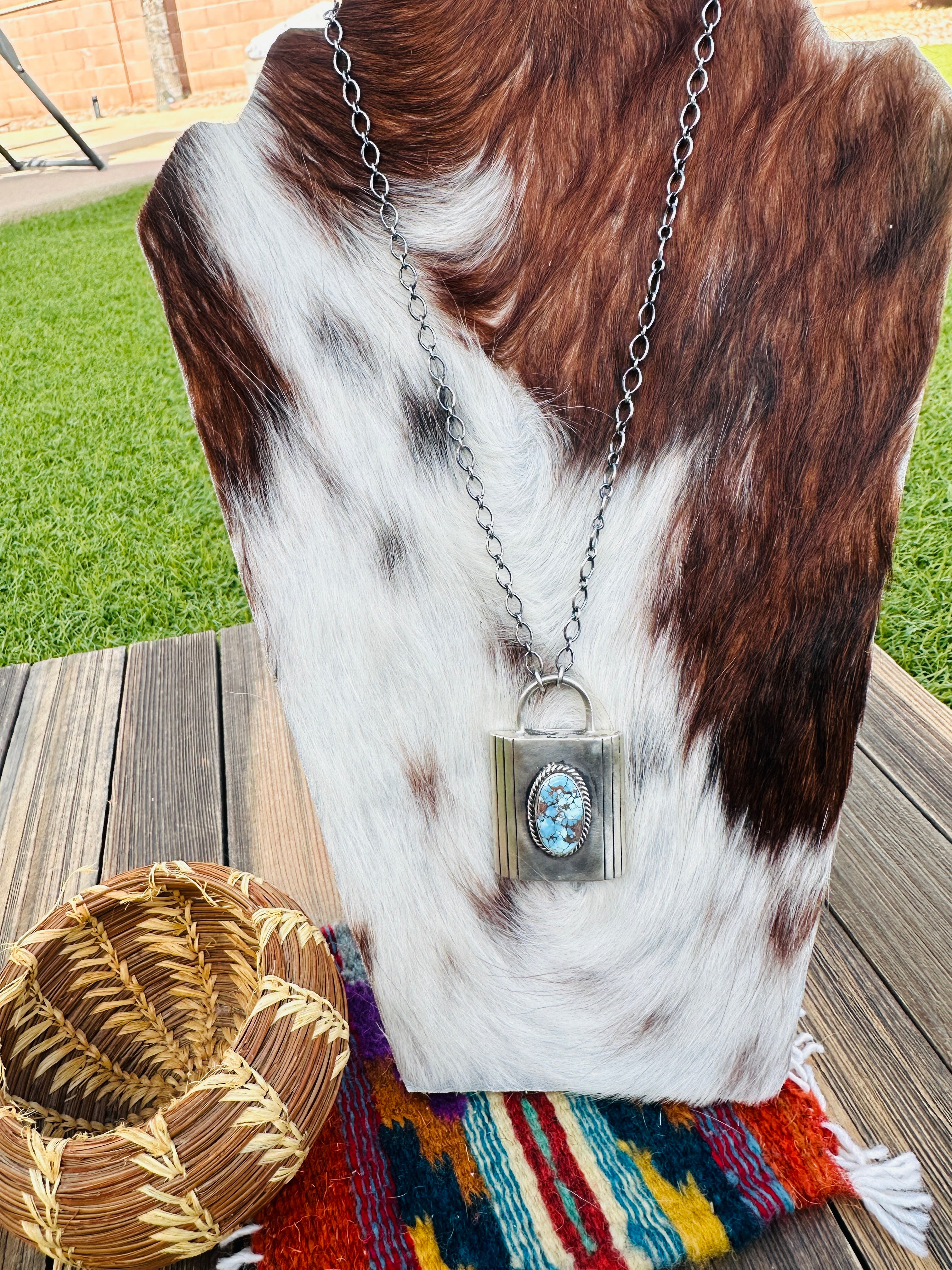 Handcrafted Golden Hills Turquoise & Sterling Silver Locket Style Necklace by Charles Johnson