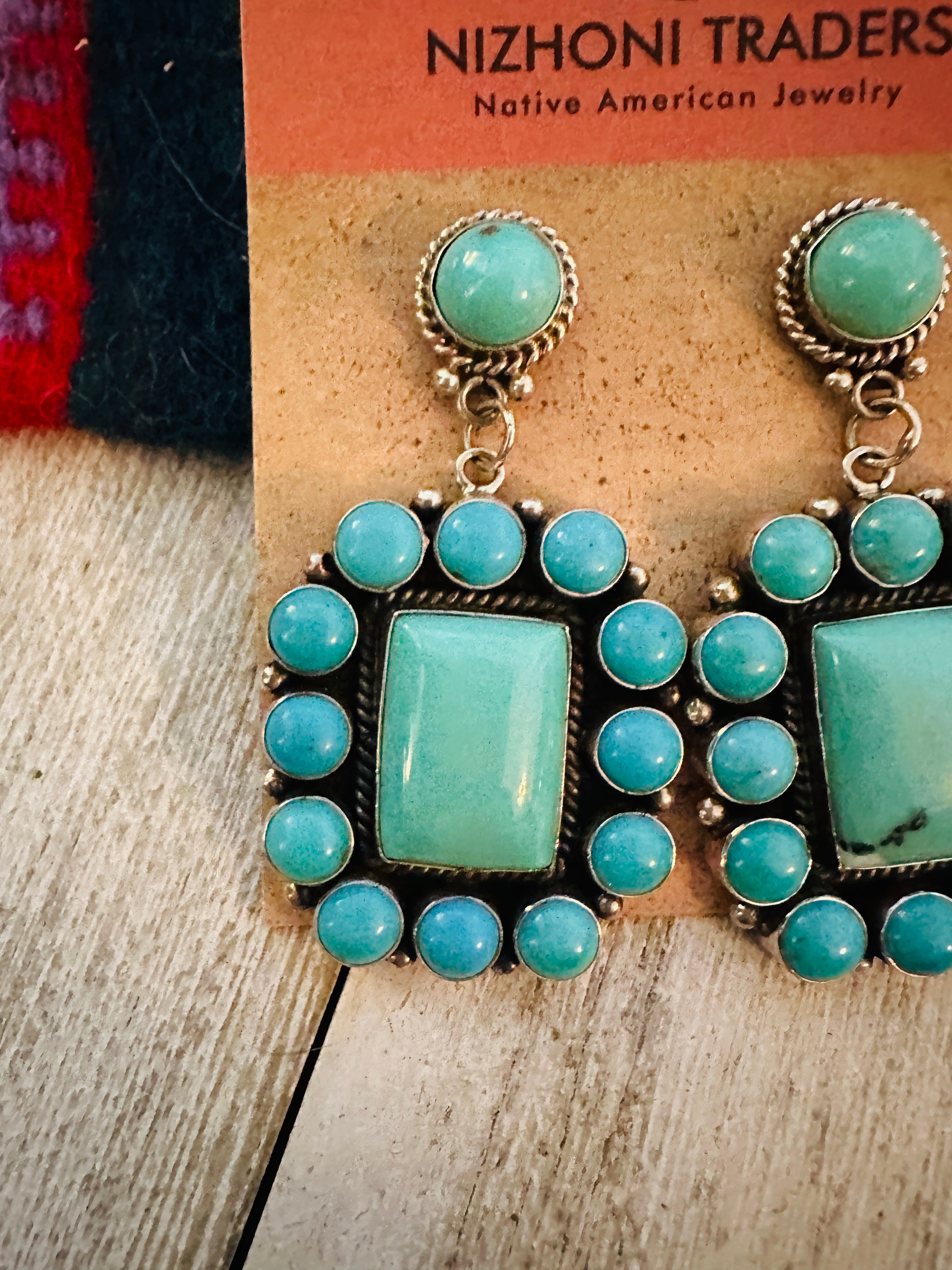 Navajo Sterling Silver & Turquoise Cluster Dangle Earrings