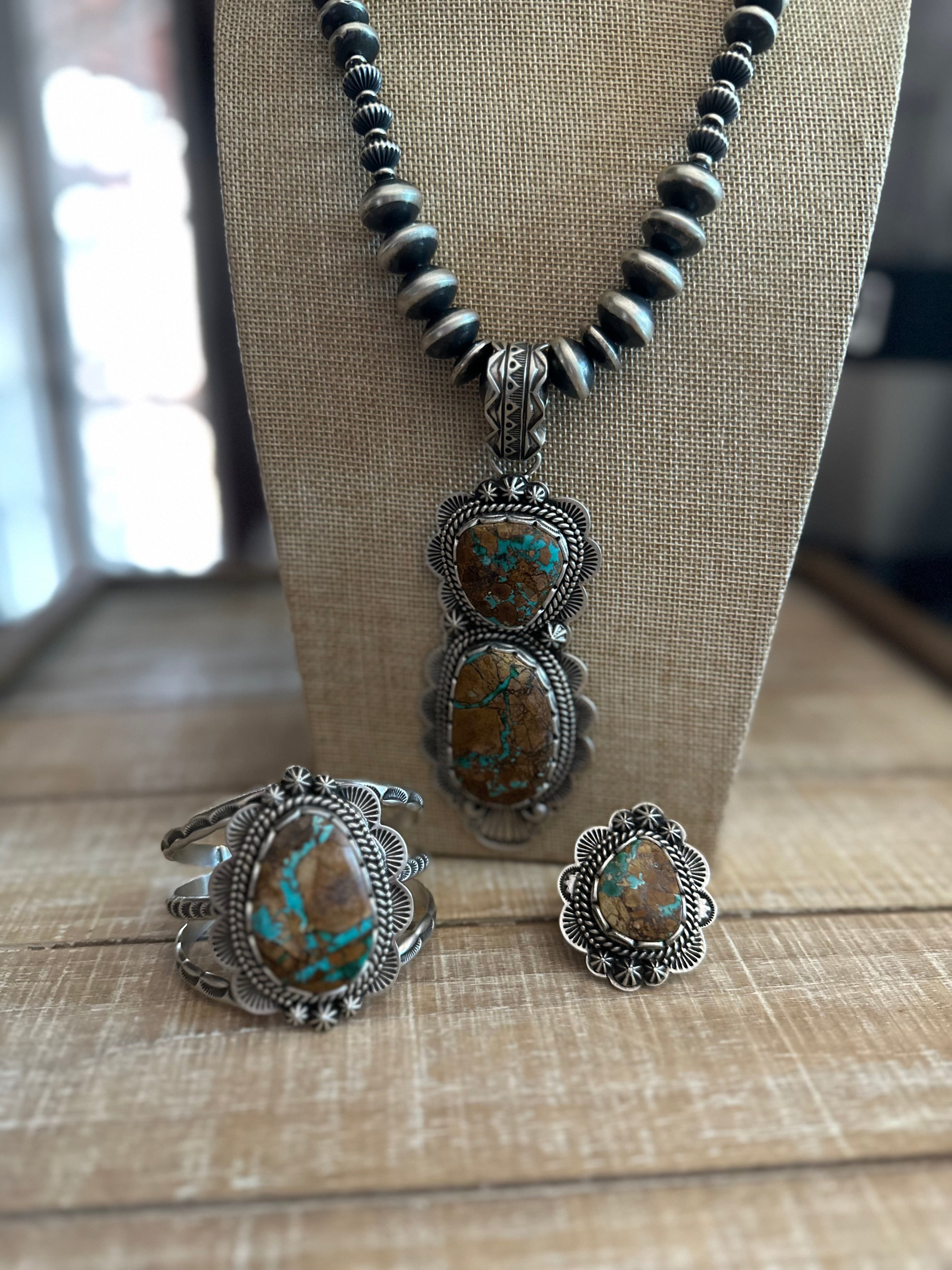 Charles Johnson Navajo Ribbon Turquoise & Sterling Silver Necklace, Bracelet and Ring  Set Signed