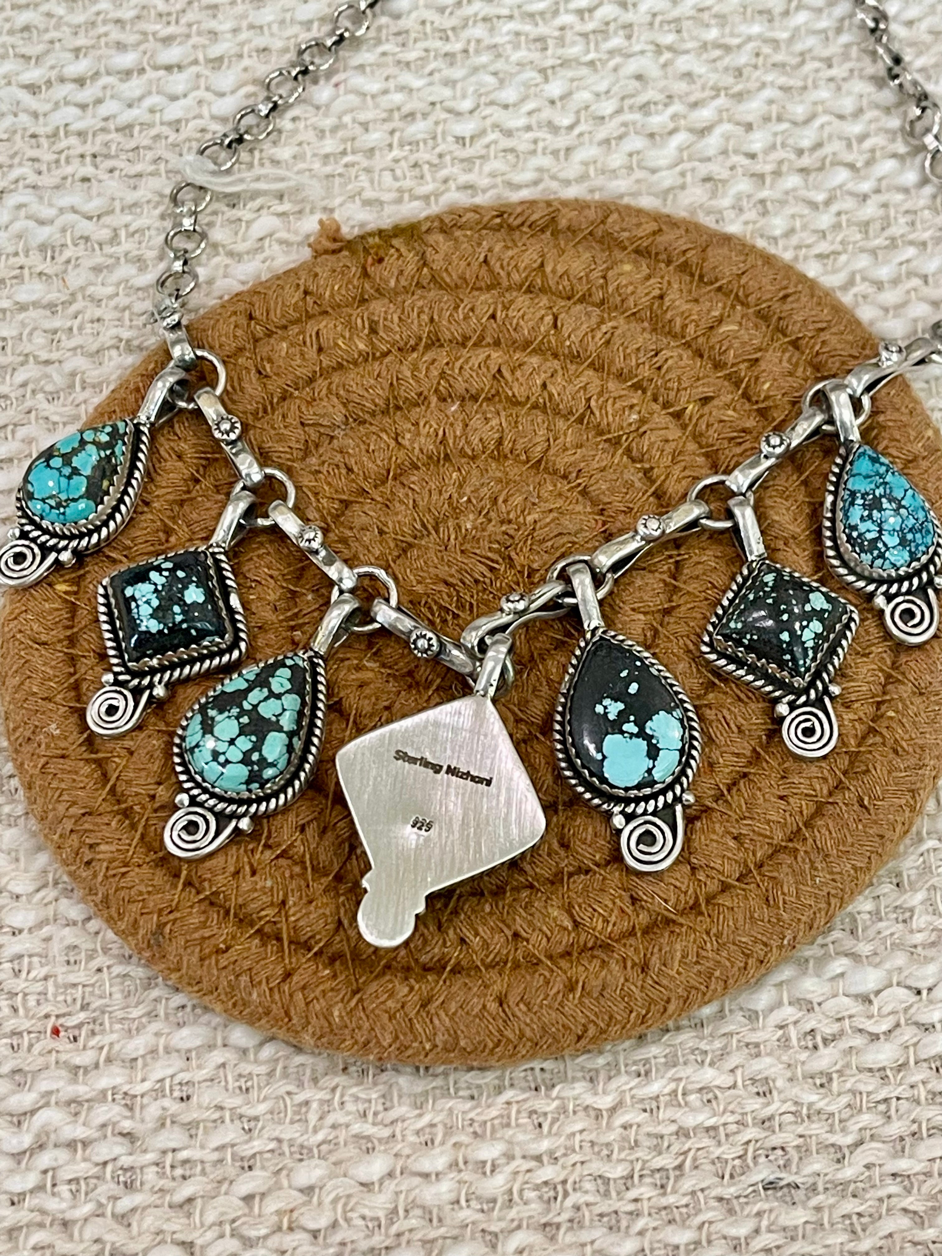 Handmade Sterling Silver Number 8 Turquoise Necklace with Signed Nizhoni