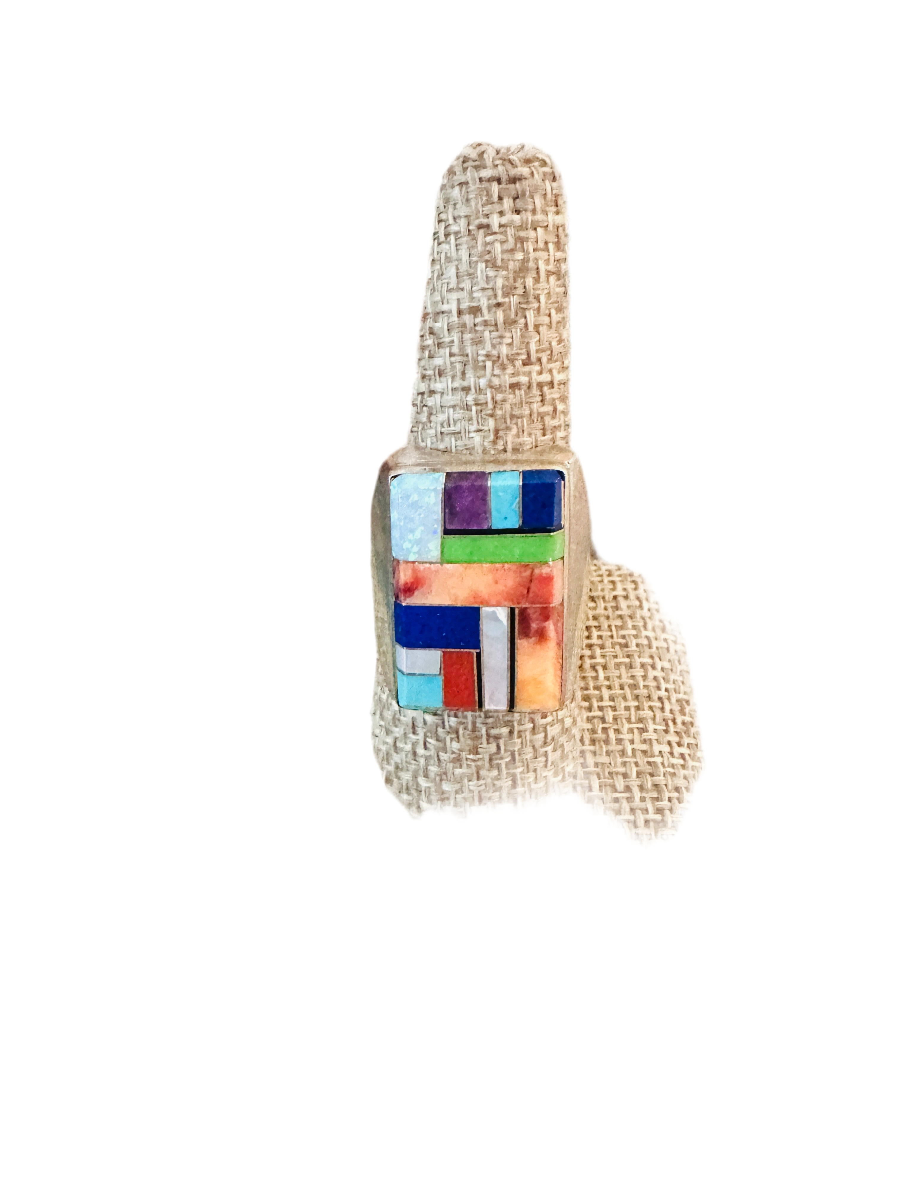 Handcrafted Old Pawn Sterling Silver & Multi Stone Inlay Ring Size 11