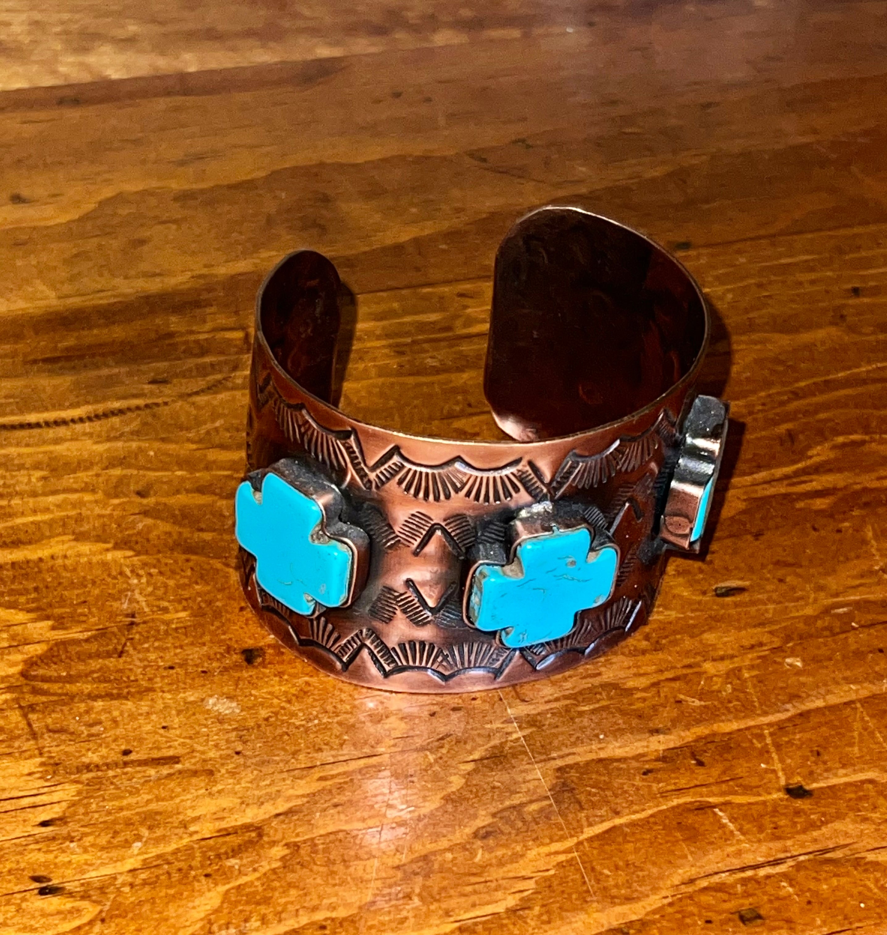 Engraved Copper Cuff Bracelet with Blue Cross Accents